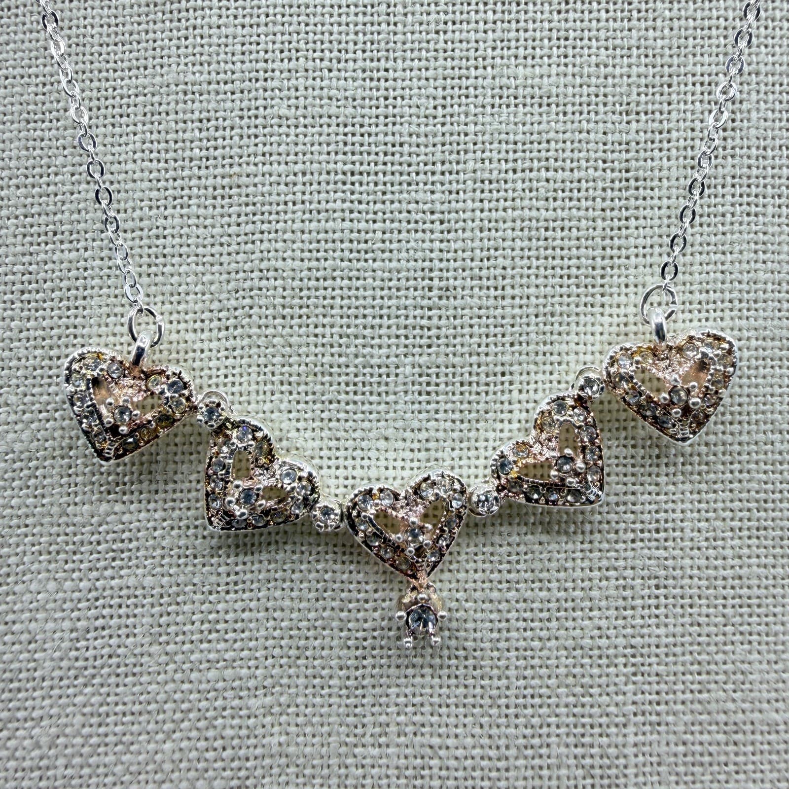 Vintage Silver Tone Heart Pendant Necklace Champagne Rhinestone Accent Dainty - Thumbnail 5