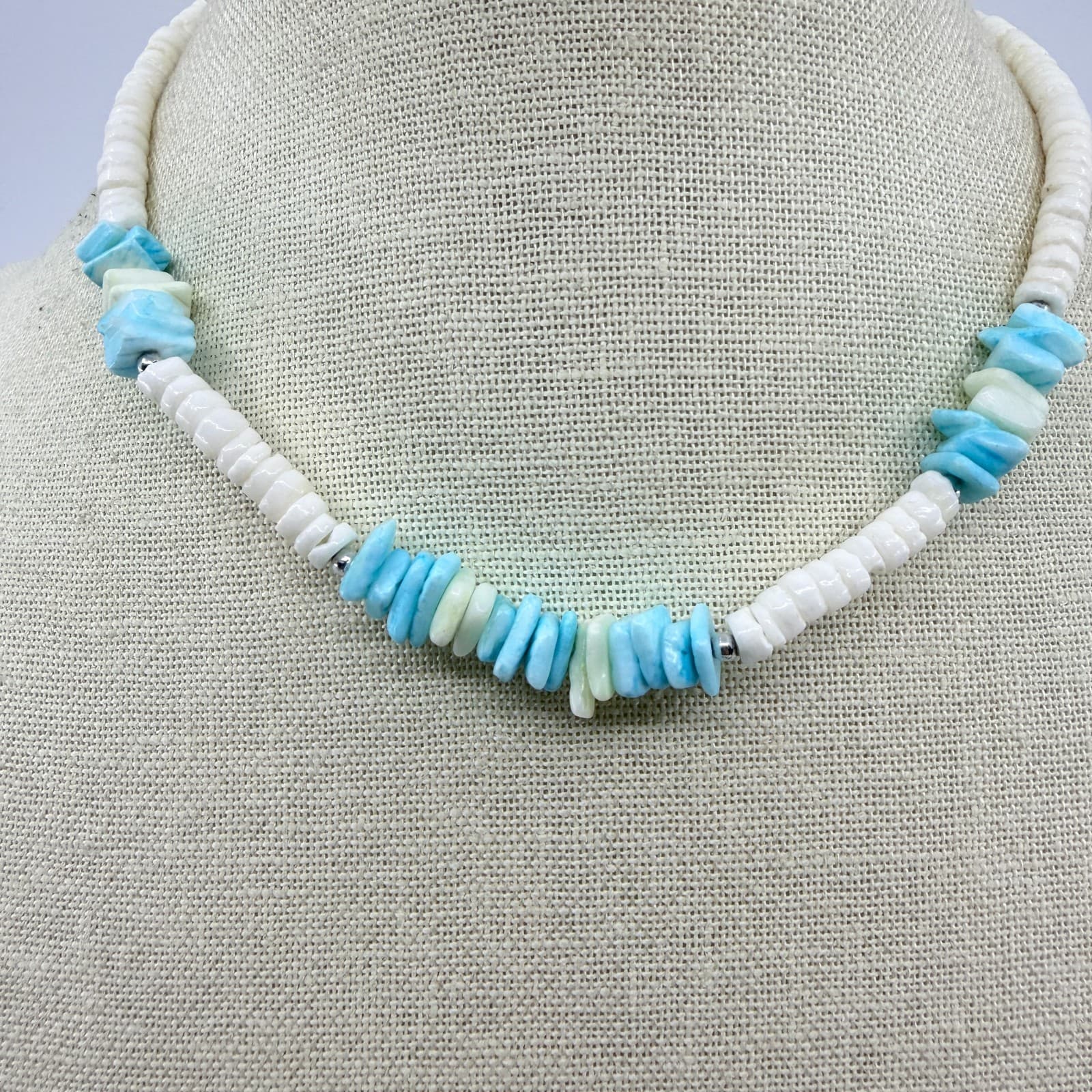 Vintage Silver Tone Turquoise Color Heishi Bead Necklace Shell Chip Strand Boho - Thumbnail 2