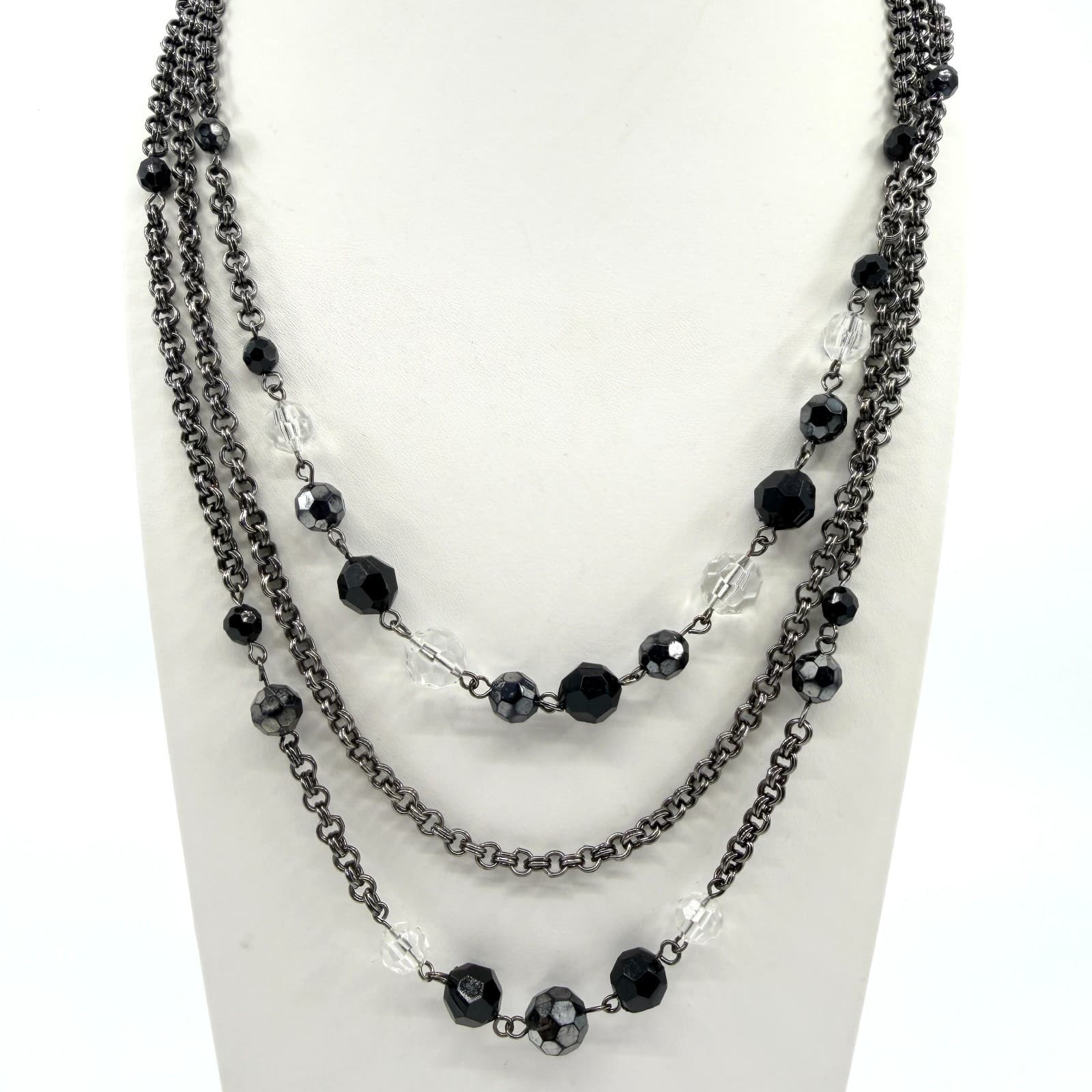 Vintage Gunmetal Tone Layered Necklace Multi Strand Faceted Black Clear Bead 90s
