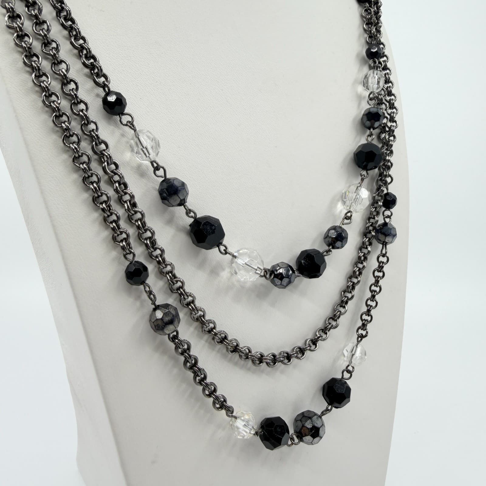 Vintage Gunmetal Tone Layered Necklace Multi Strand Faceted Black Clear Bead 90s - Thumbnail 6