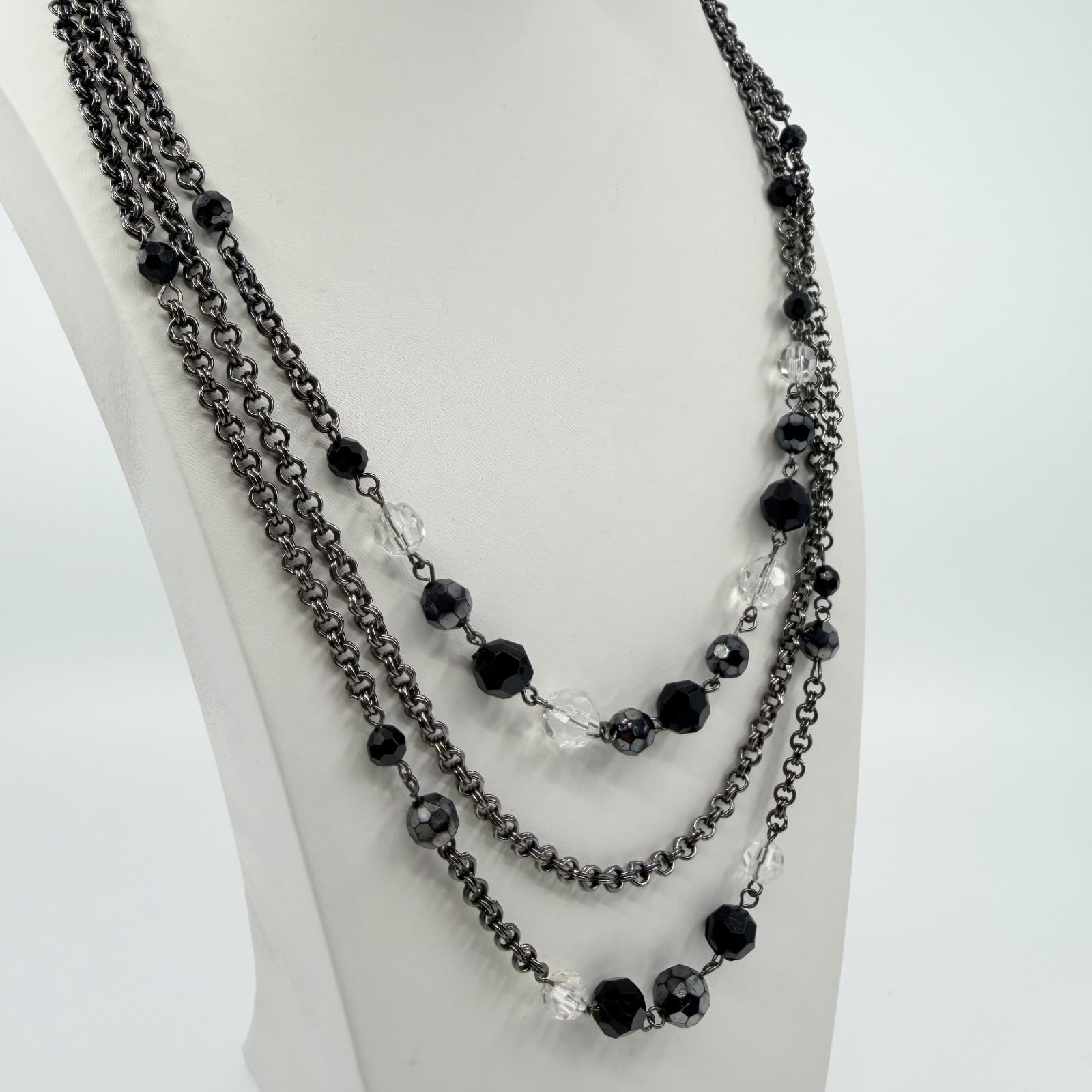 Vintage Gunmetal Tone Layered Necklace Multi Strand Faceted Black Clear Bead 90s - Thumbnail 7