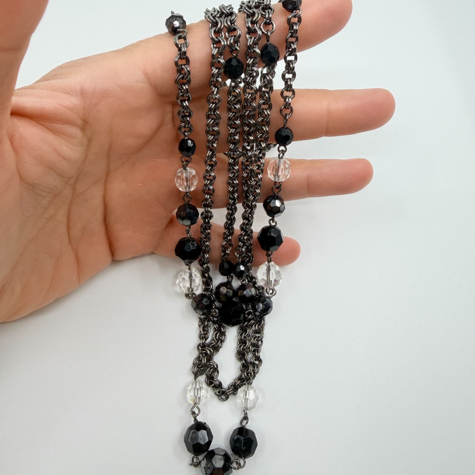 Vintage Gunmetal Tone Layered Necklace Multi Strand Faceted Black Clear Bead 90s - Thumbnail 10