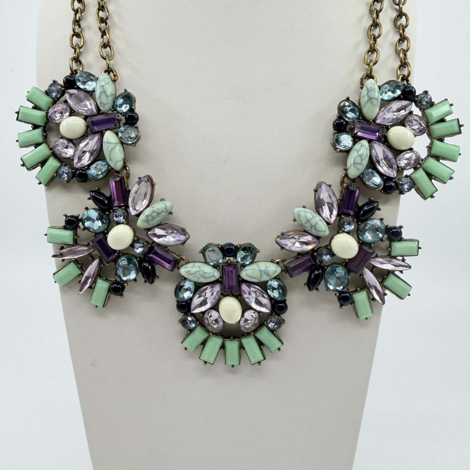 Vintage Brass Tone Rhinestone Mosaic Statement Necklace Cluster Chunky Bib Retro - Thumbnail 4