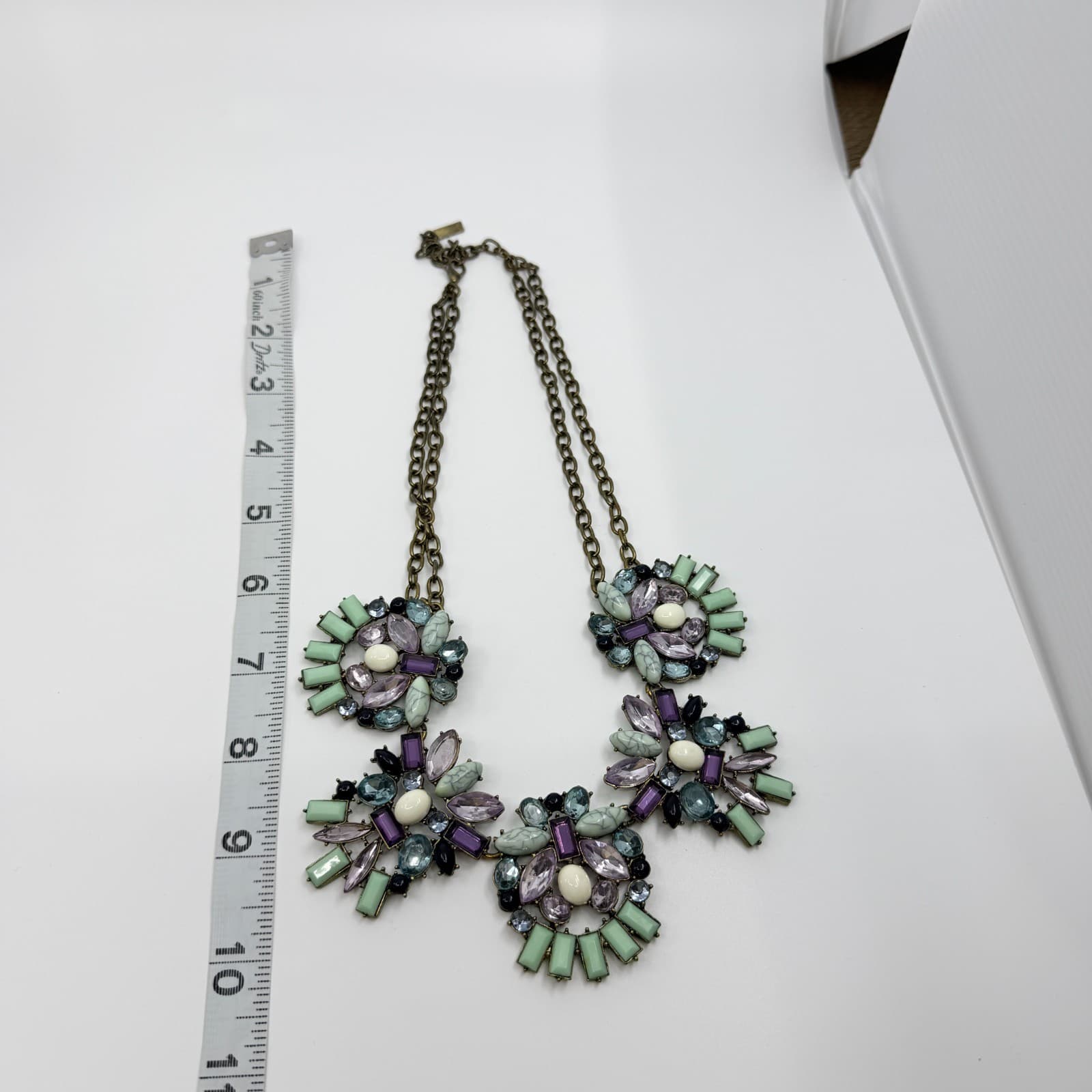 Vintage Brass Tone Rhinestone Mosaic Statement Necklace Cluster Chunky Bib Retro - Thumbnail 8