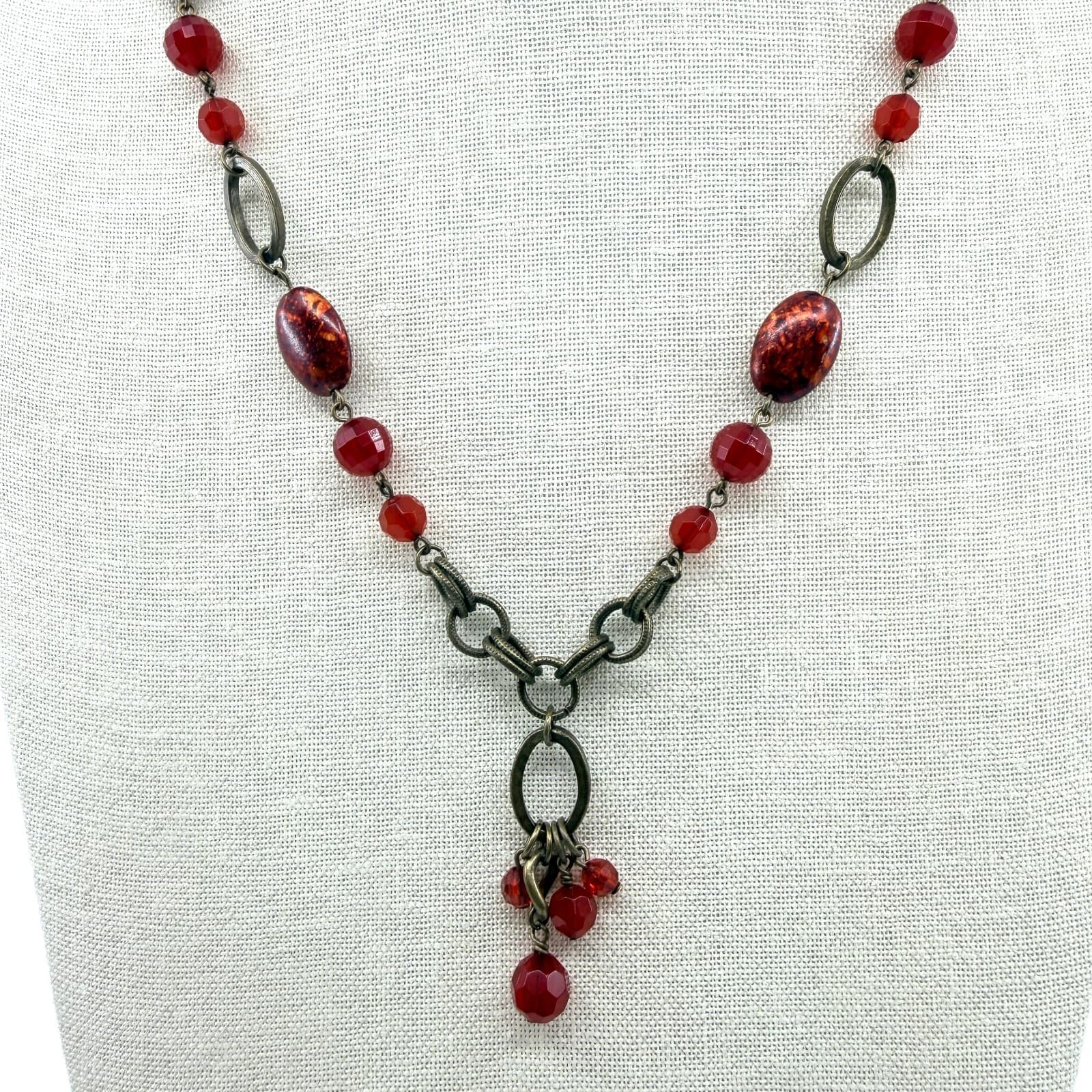 Vintage Antique Brass Tone Red Necklace Faceted Crystal Glass Bead Drop Y-Neck