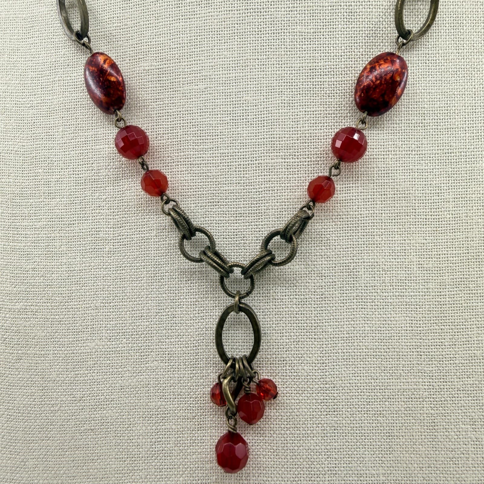 Vintage Antique Brass Tone Red Necklace Faceted Crystal Glass Bead Drop Y-Neck - Thumbnail 3