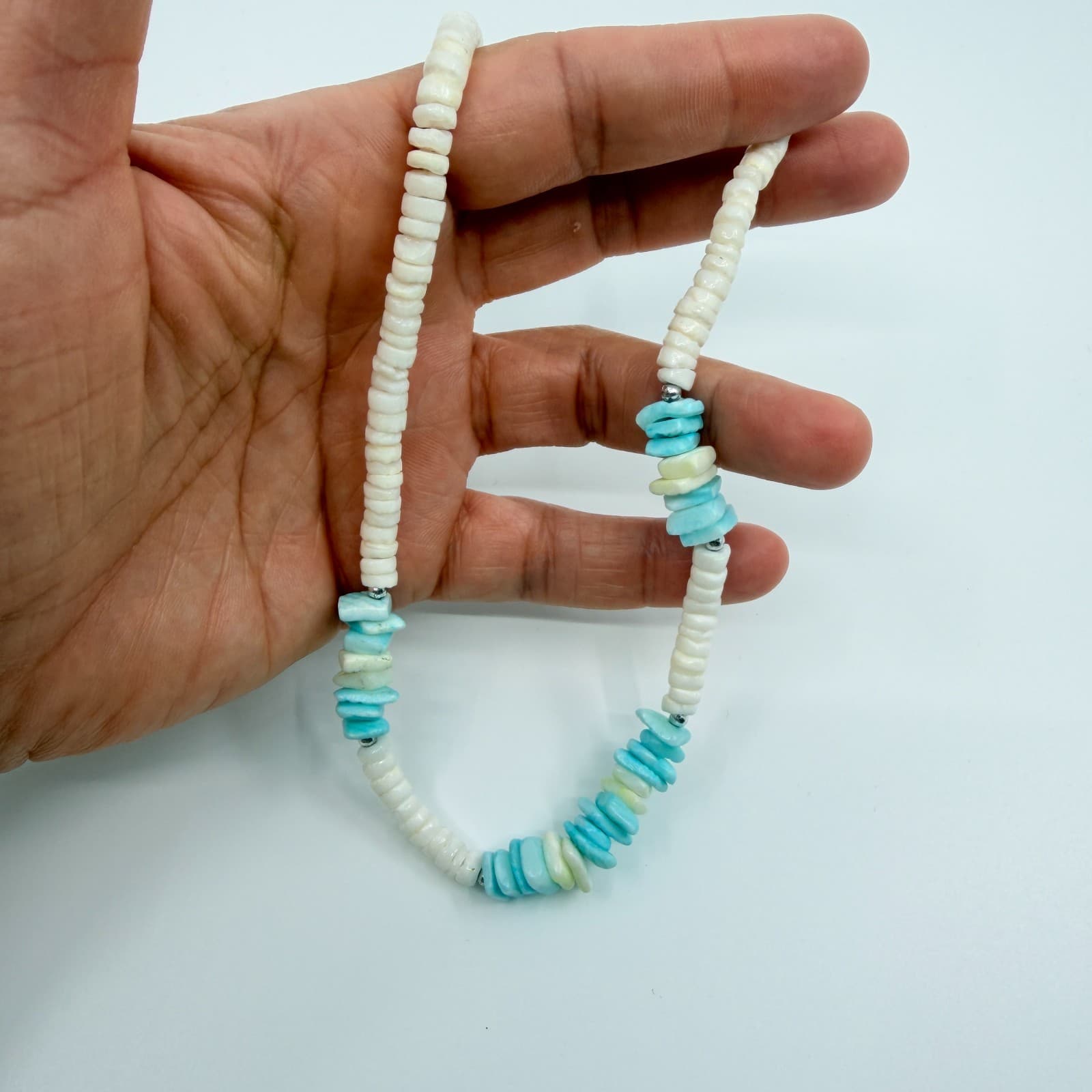 Vintage Silver Tone Turquoise Color Heishi Bead Necklace Shell Chip Strand Boho - Thumbnail 8