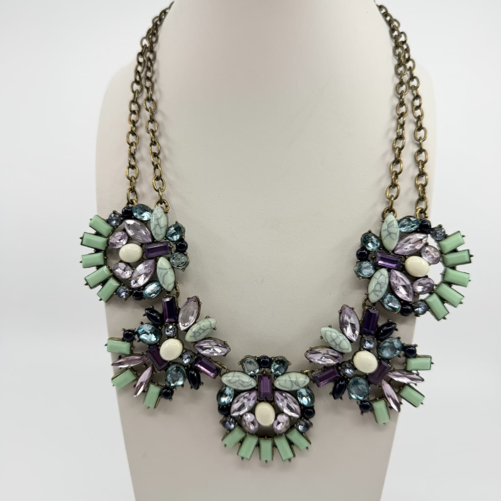 Vintage Brass Tone Rhinestone Mosaic Statement Necklace Cluster Chunky Bib Retro - Thumbnail 5