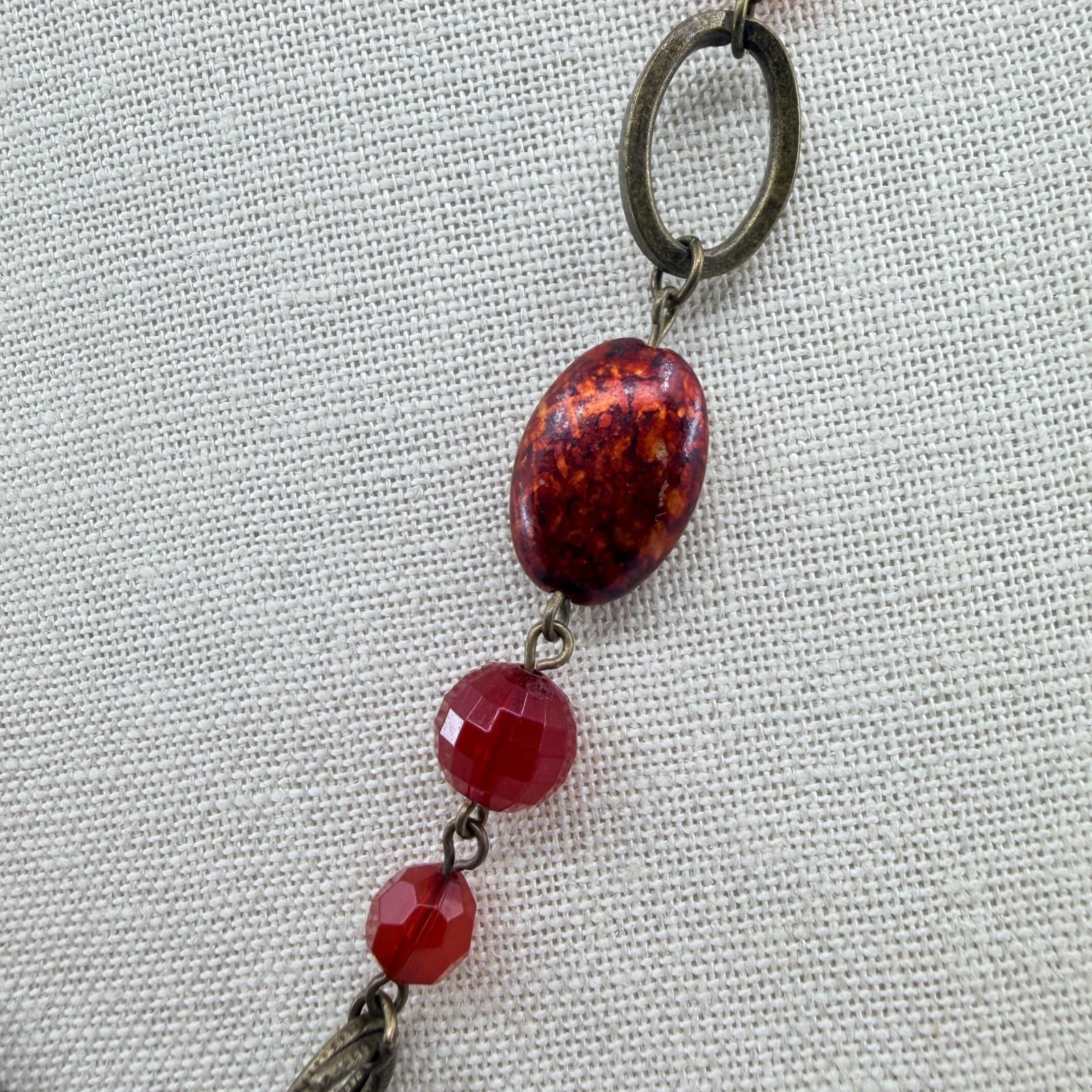 Vintage Antique Brass Tone Red Necklace Faceted Crystal Glass Bead Drop Y-Neck - Thumbnail 7