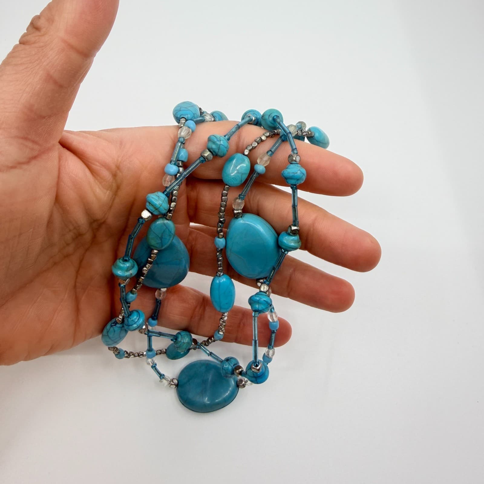 Vintage Silver Tone Turquoise Color Necklace Multi Strand Chunky Statement Boho - Thumbnail 9