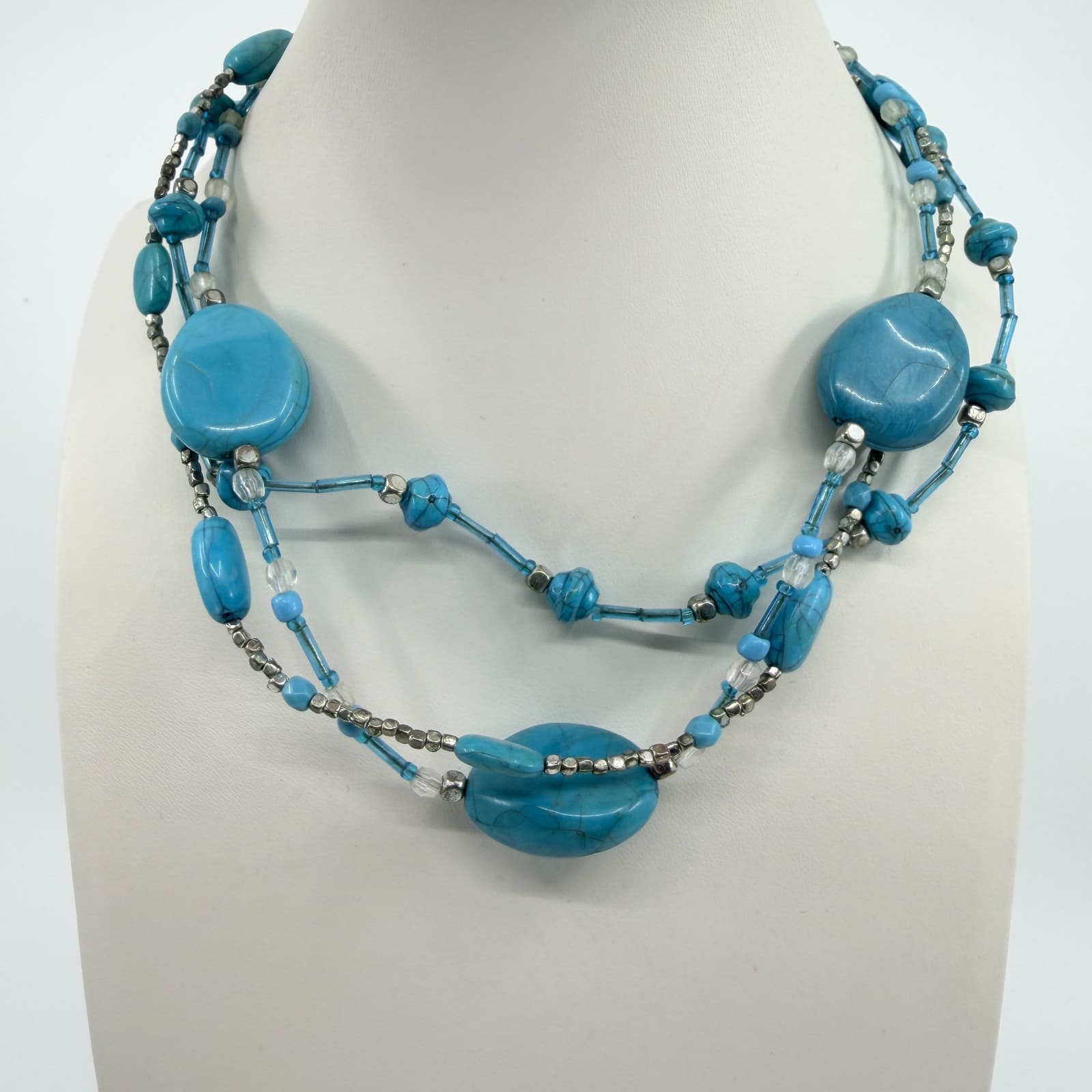 Vintage Silver Tone Turquoise Color Necklace Multi Strand Chunky Statement Boho - Thumbnail 7