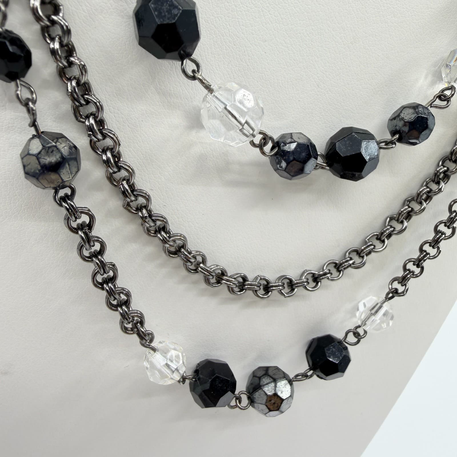 Vintage Gunmetal Tone Layered Necklace Multi Strand Faceted Black Clear Bead 90s - Thumbnail 5