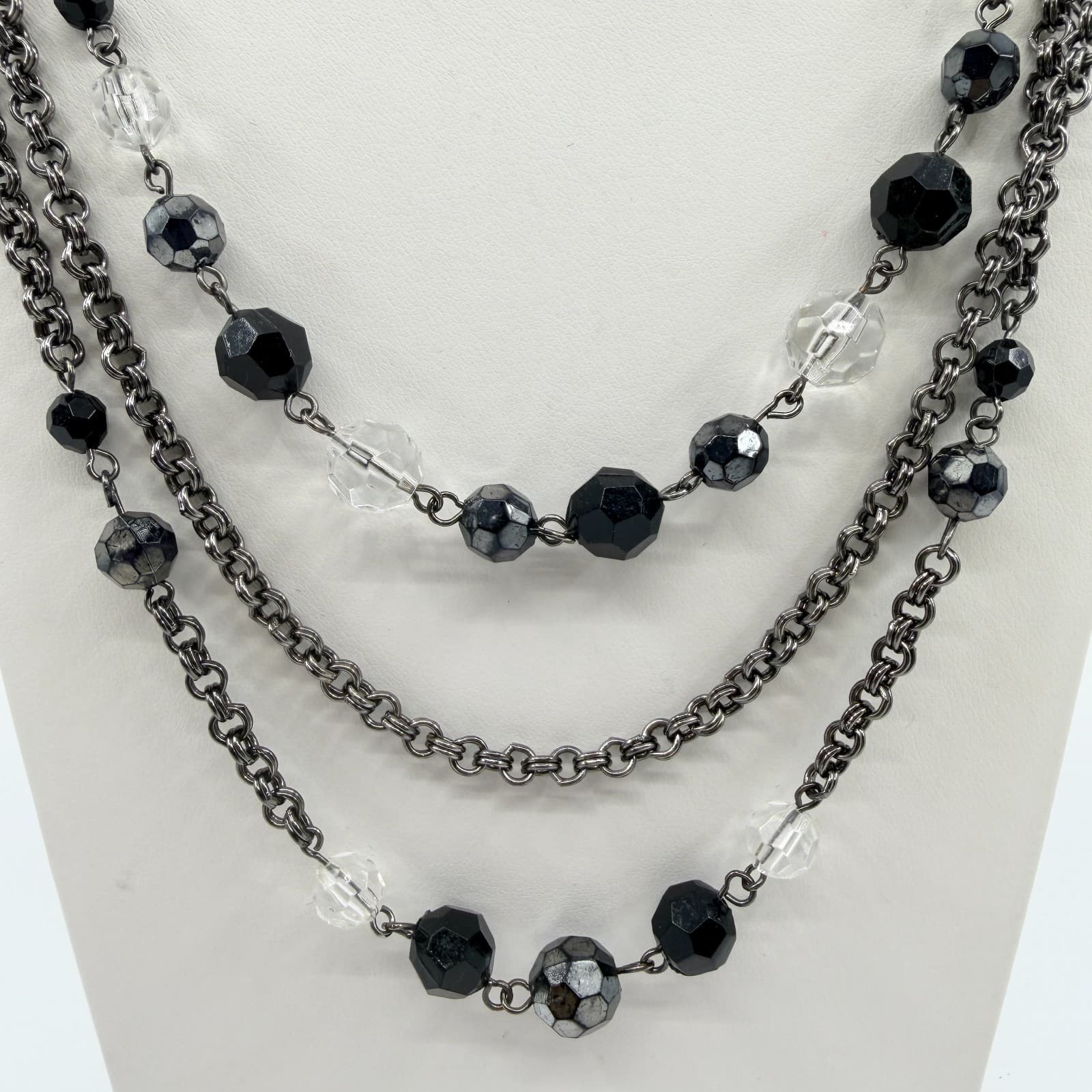 Vintage Gunmetal Tone Layered Necklace Multi Strand Faceted Black Clear Bead 90s - Thumbnail 3
