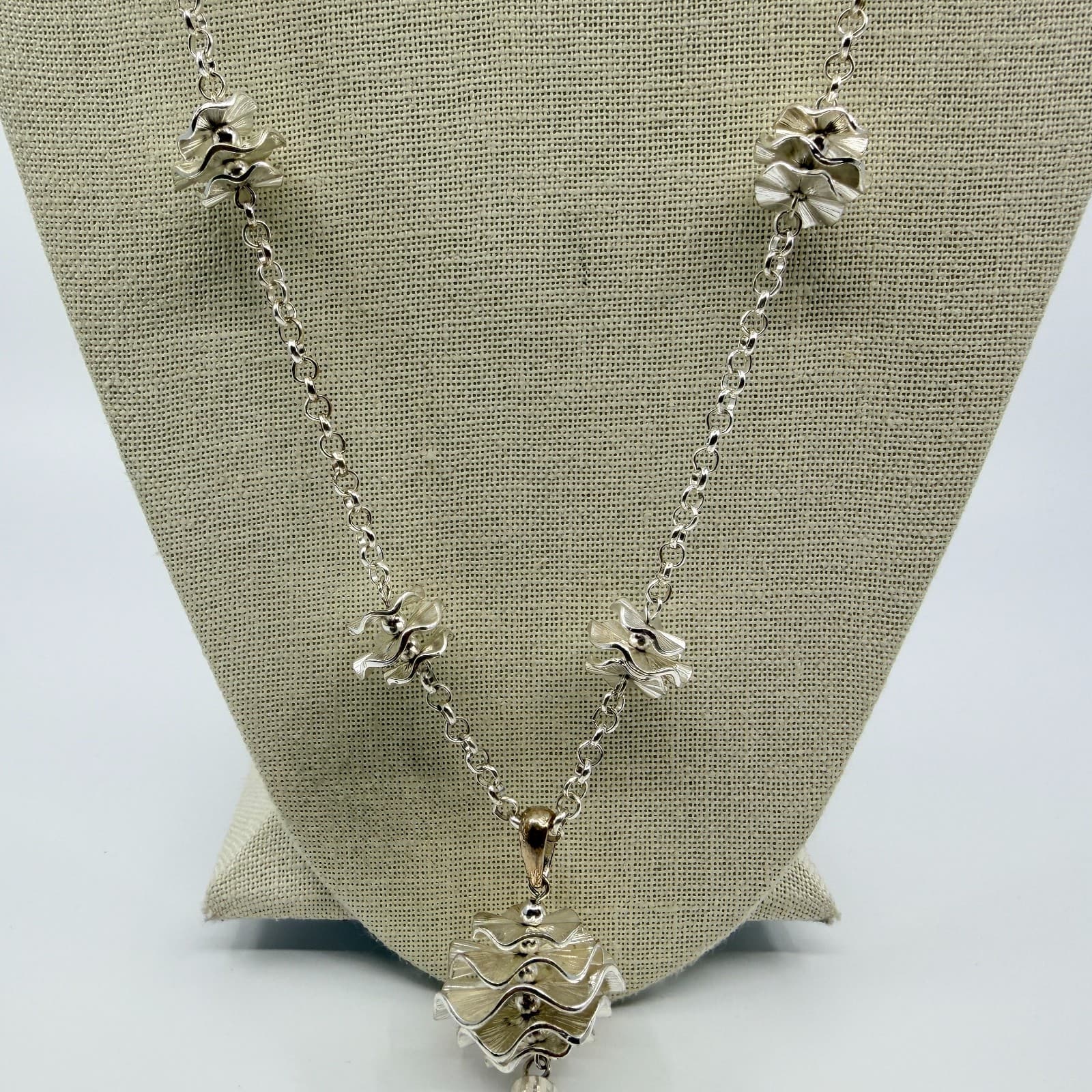 Vintage Silver Tone Long Station Tassel Necklace Ruffled Metal Orb Statement 90s - Thumbnail 4
