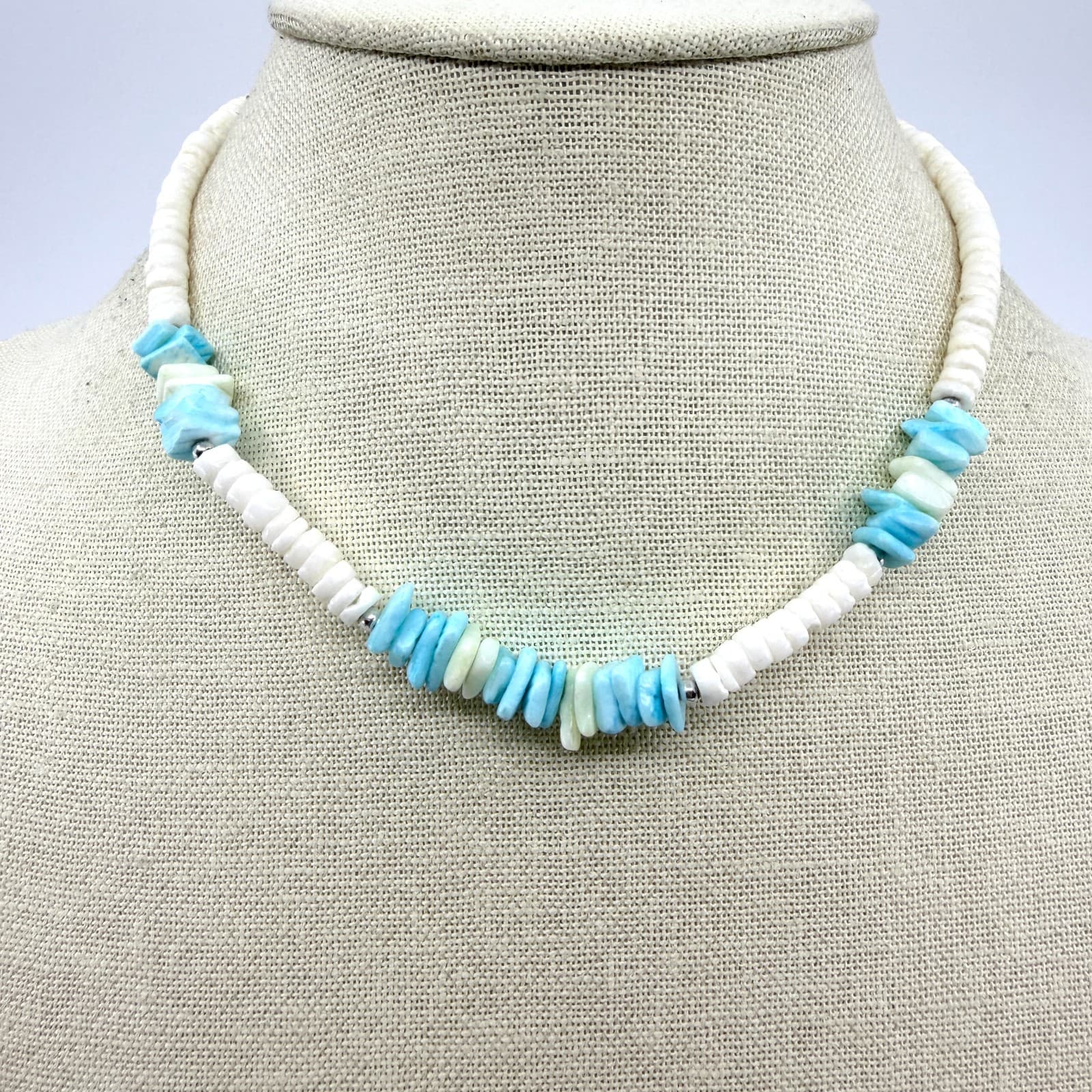 Vintage Silver Tone Turquoise Color Heishi Bead Necklace Shell Chip Strand Boho
