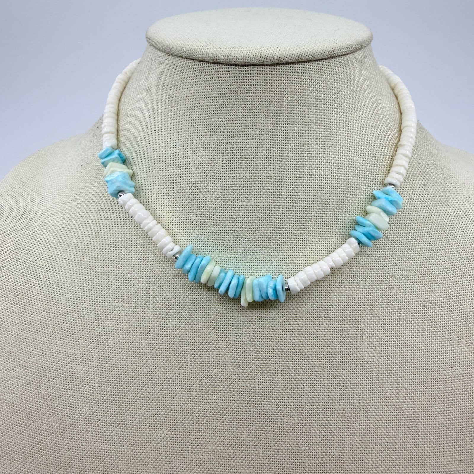 Vintage Silver Tone Turquoise Color Heishi Bead Necklace Shell Chip Strand Boho - Thumbnail 6