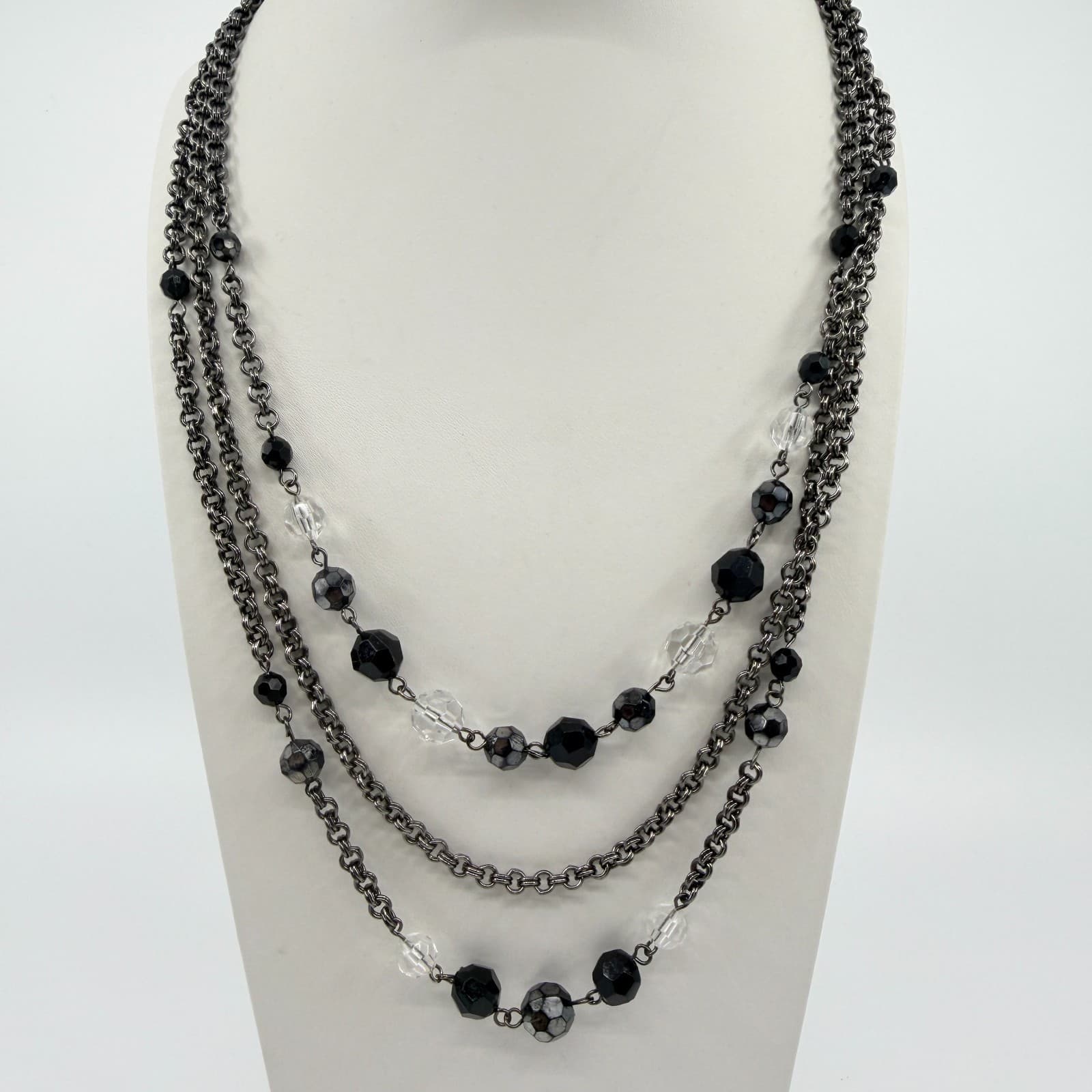 Vintage Gunmetal Tone Layered Necklace Multi Strand Faceted Black Clear Bead 90s - Thumbnail 2