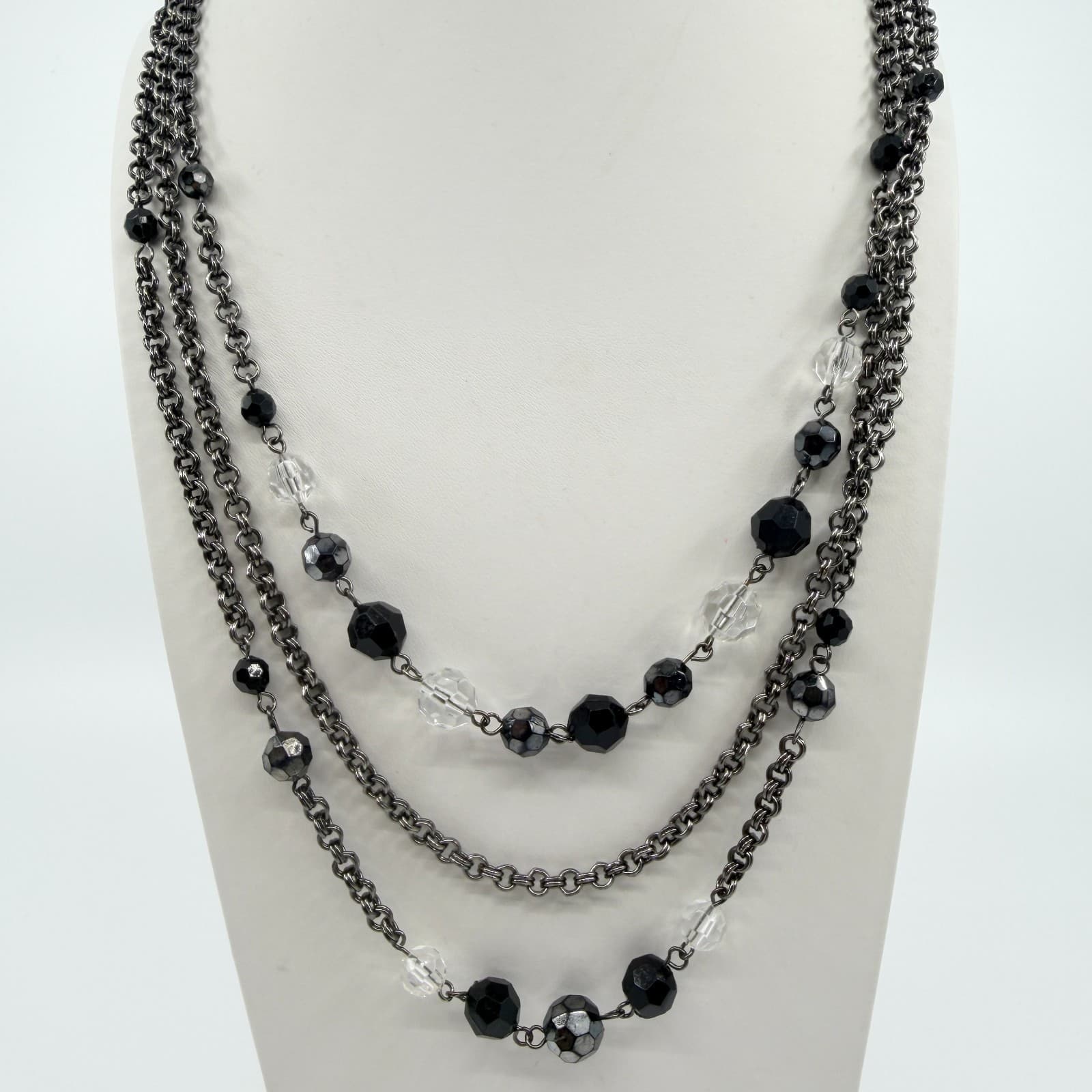 Vintage Gunmetal Tone Layered Necklace Multi Strand Faceted Black Clear Bead 90s - Thumbnail 8