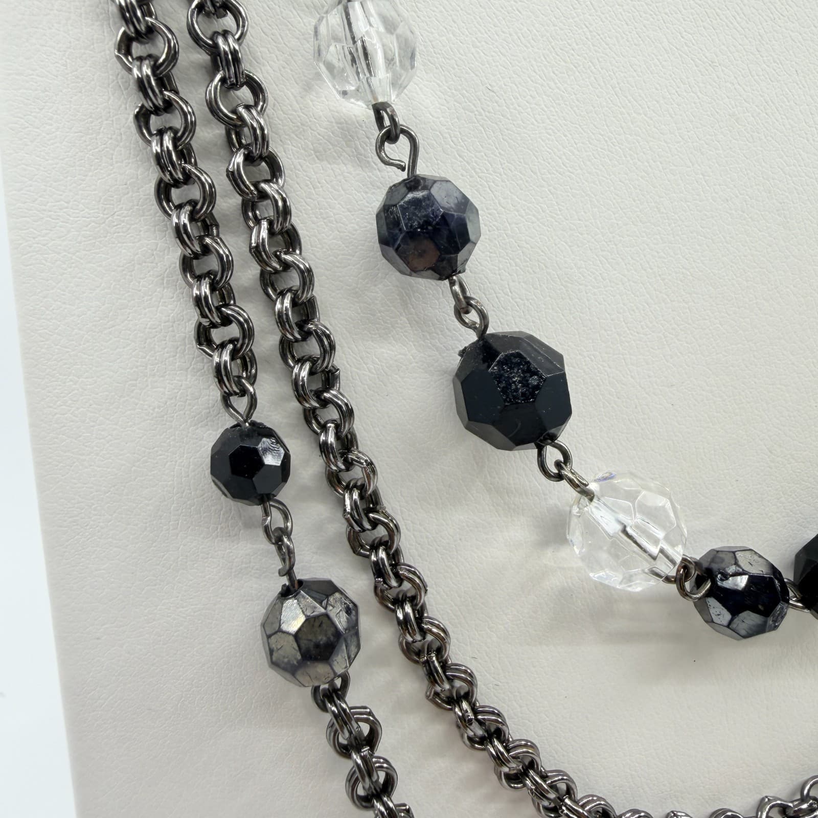 Vintage Gunmetal Tone Layered Necklace Multi Strand Faceted Black Clear Bead 90s - Thumbnail 4