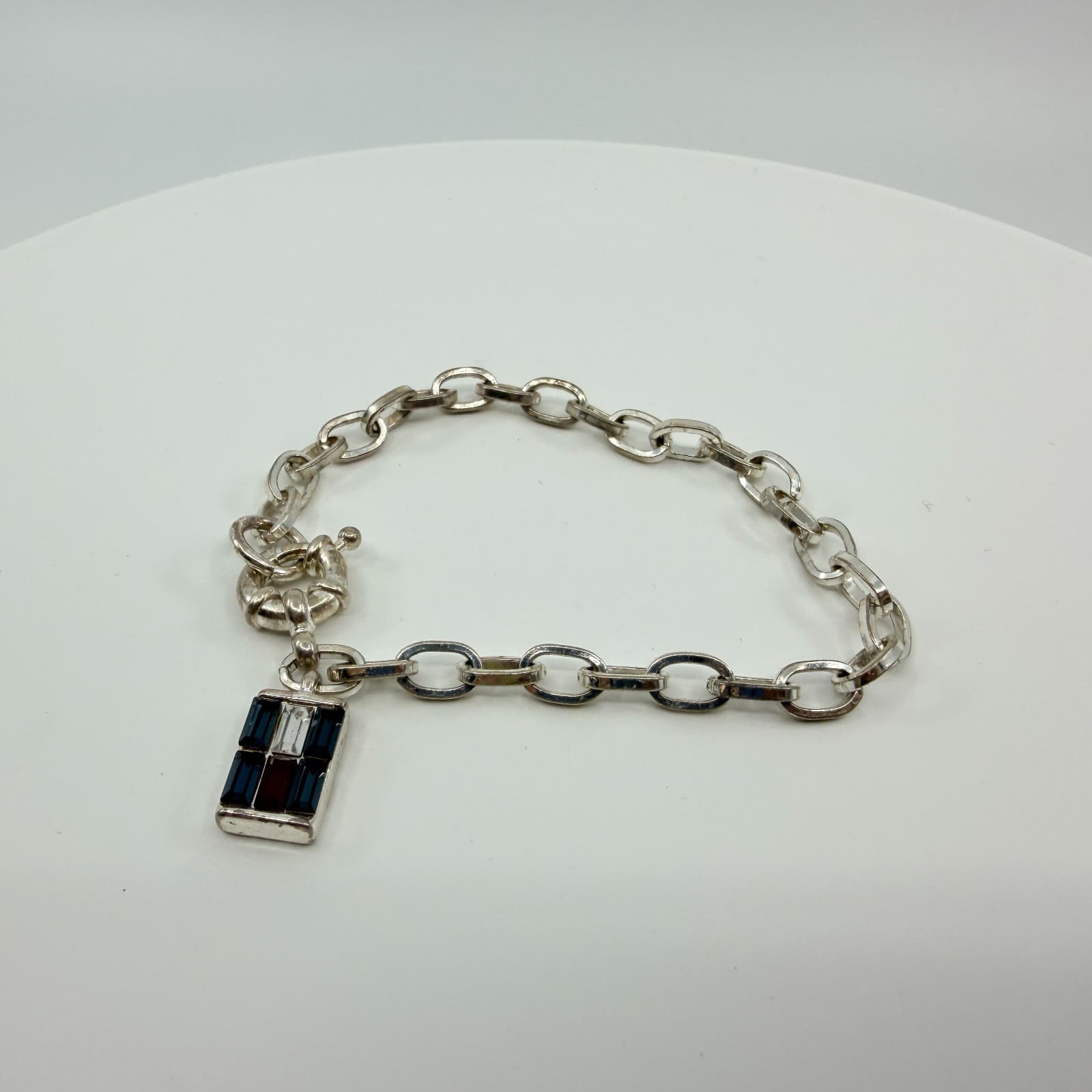 Vintage Silver Tone Link Chain Bracelet Flag Charm Blue Red White Rhinestone Y2K - Thumbnail 2