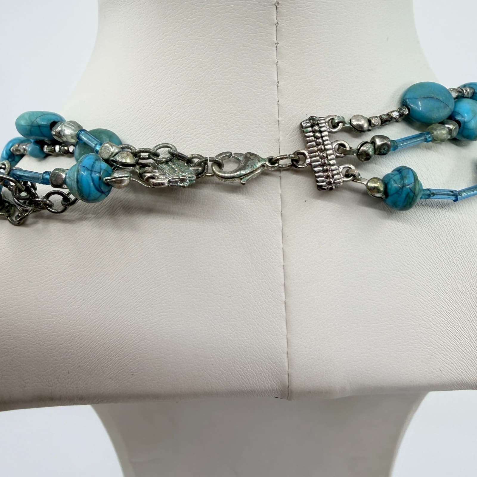 Vintage Silver Tone Turquoise Color Necklace Multi Strand Chunky Statement Boho - Thumbnail 8