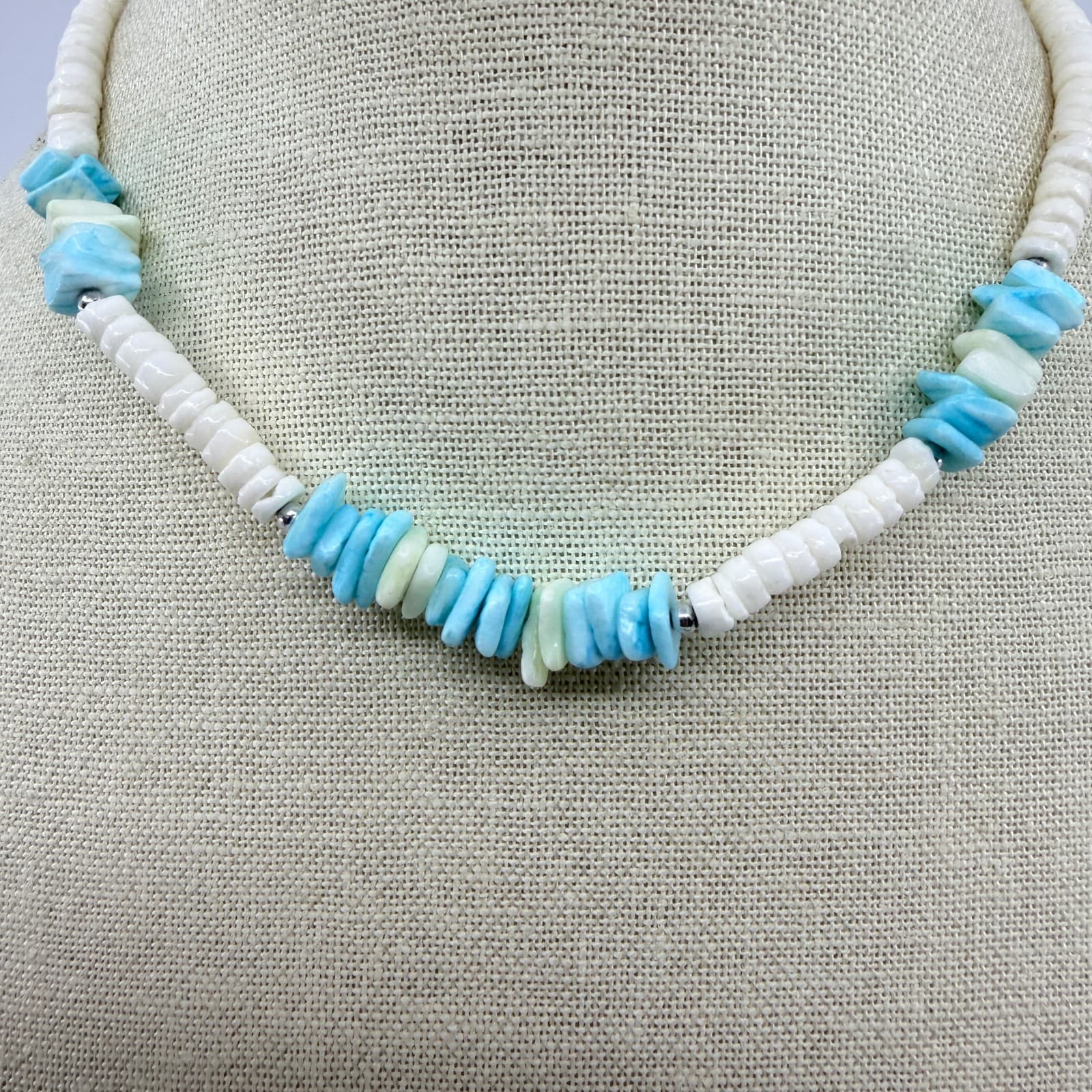 Vintage Silver Tone Turquoise Color Heishi Bead Necklace Shell Chip Strand Boho - Thumbnail 3