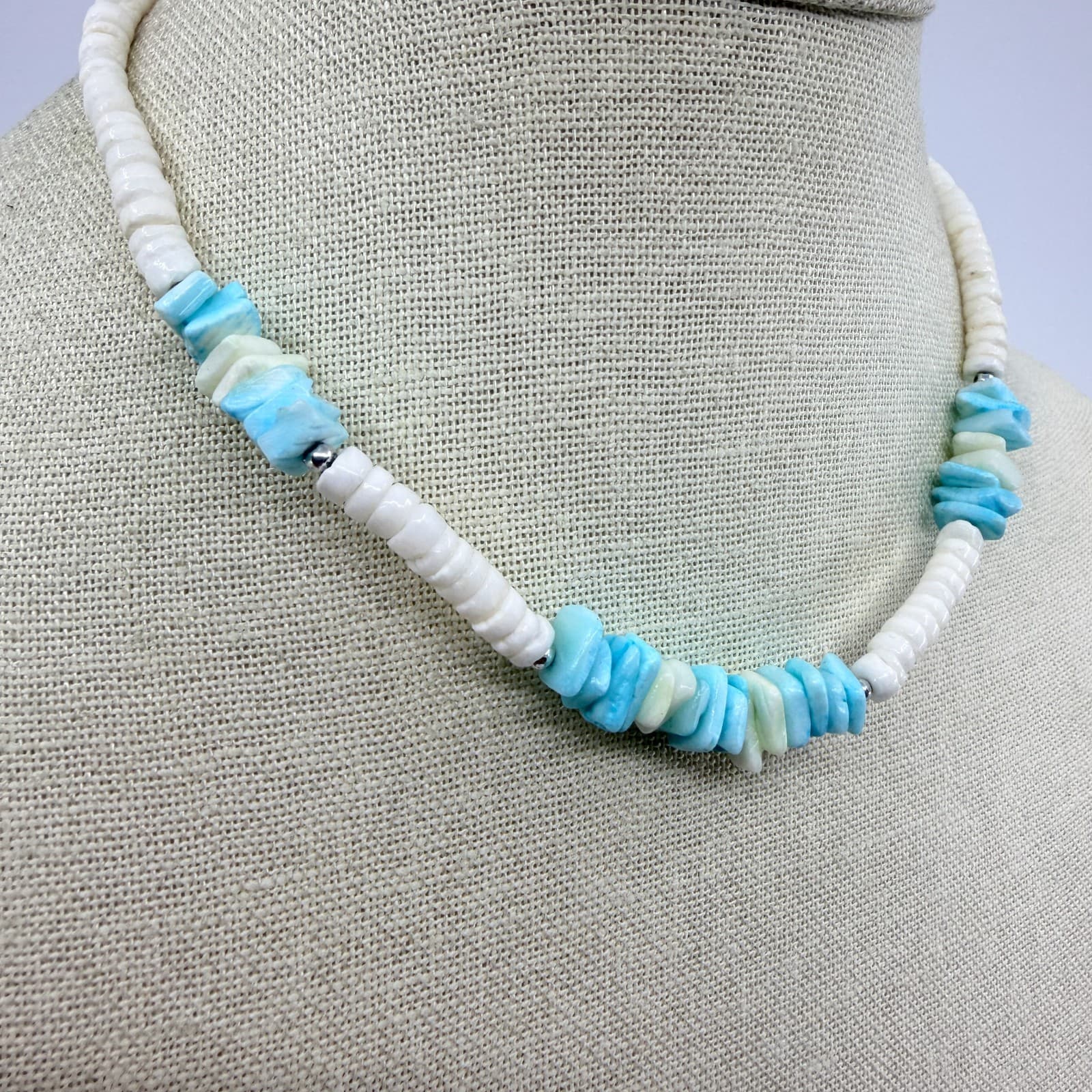 Vintage Silver Tone Turquoise Color Heishi Bead Necklace Shell Chip Strand Boho - Thumbnail 4