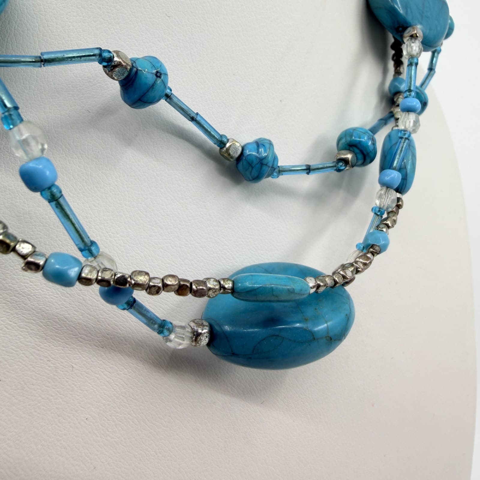 Vintage Silver Tone Turquoise Color Necklace Multi Strand Chunky Statement Boho - Thumbnail 5