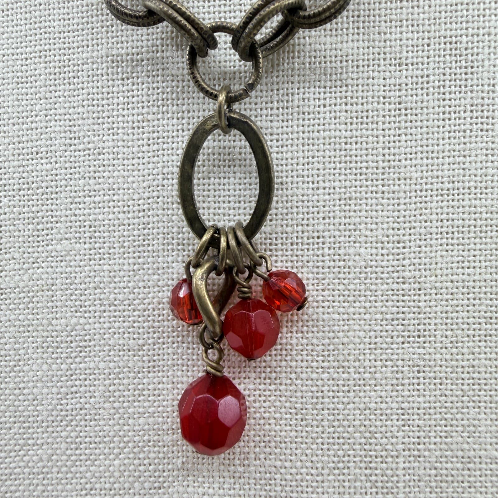 Vintage Antique Brass Tone Red Necklace Faceted Crystal Glass Bead Drop Y-Neck - Thumbnail 6