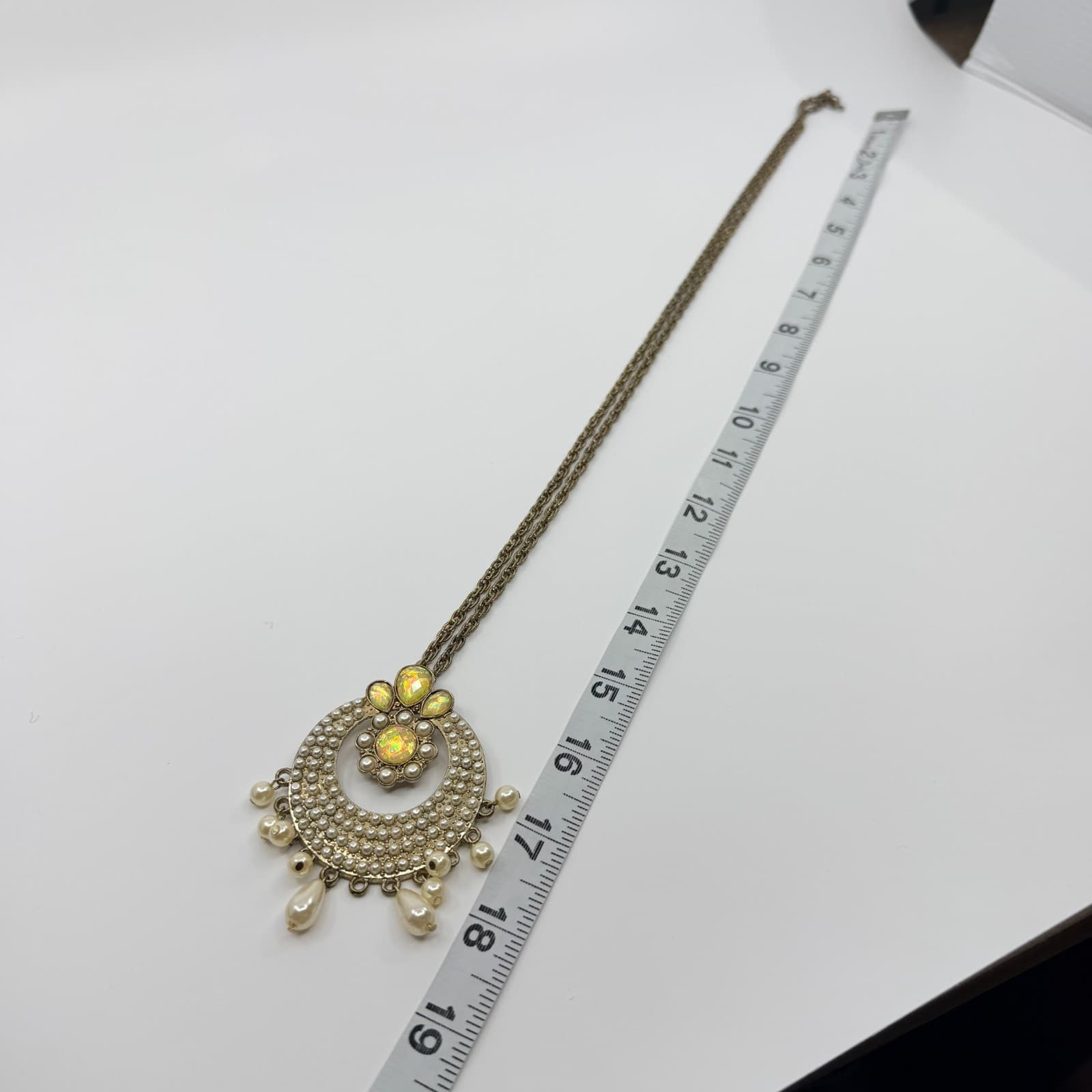 Vintage Antique Brass Tone Chandelier Necklace Faux Pearl Opal Color Statement - Thumbnail 8