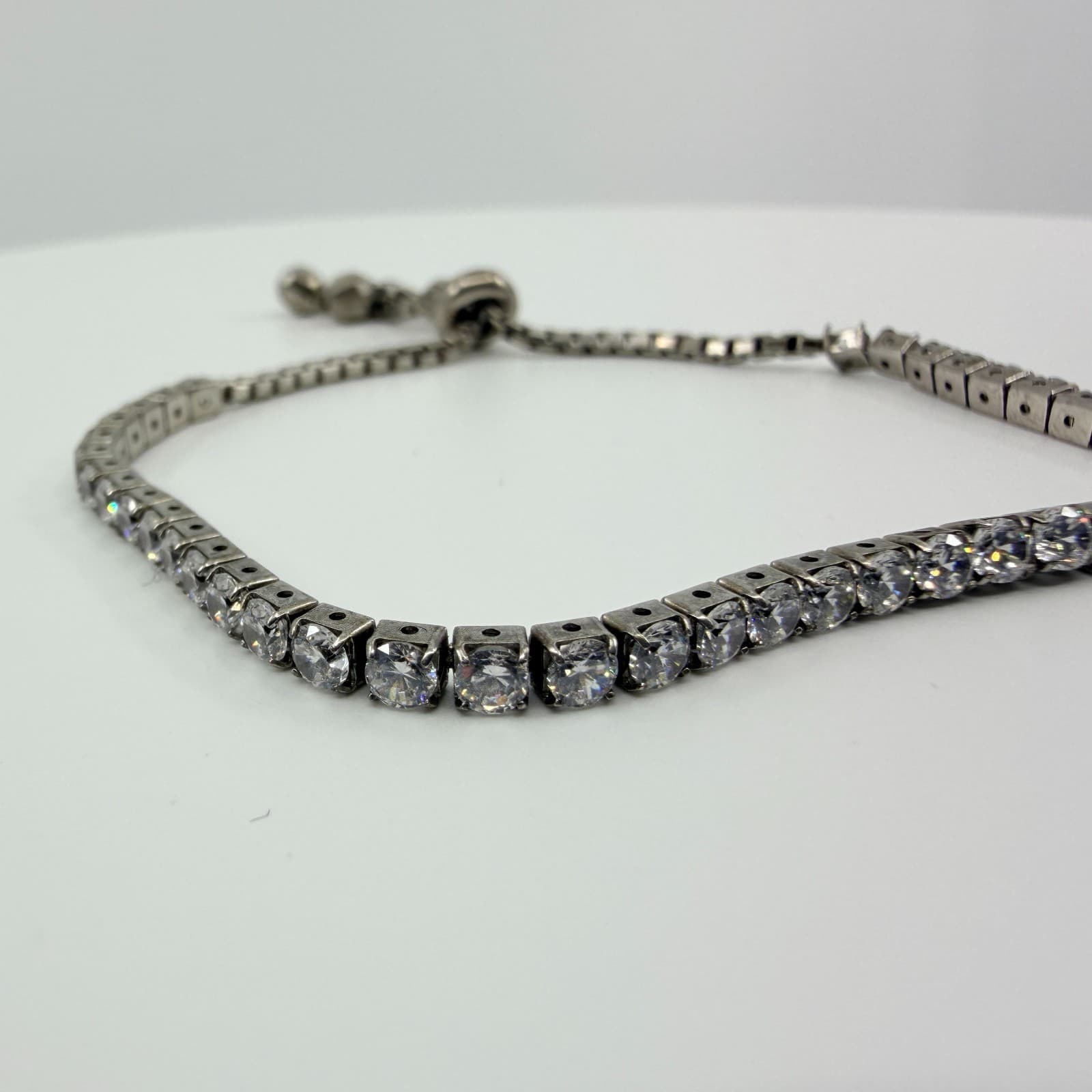 VTG Gunmetal Tone Tennis Bracelet Clear Rhinestone Slider Bolo Adjustable Y2K - Thumbnail 2