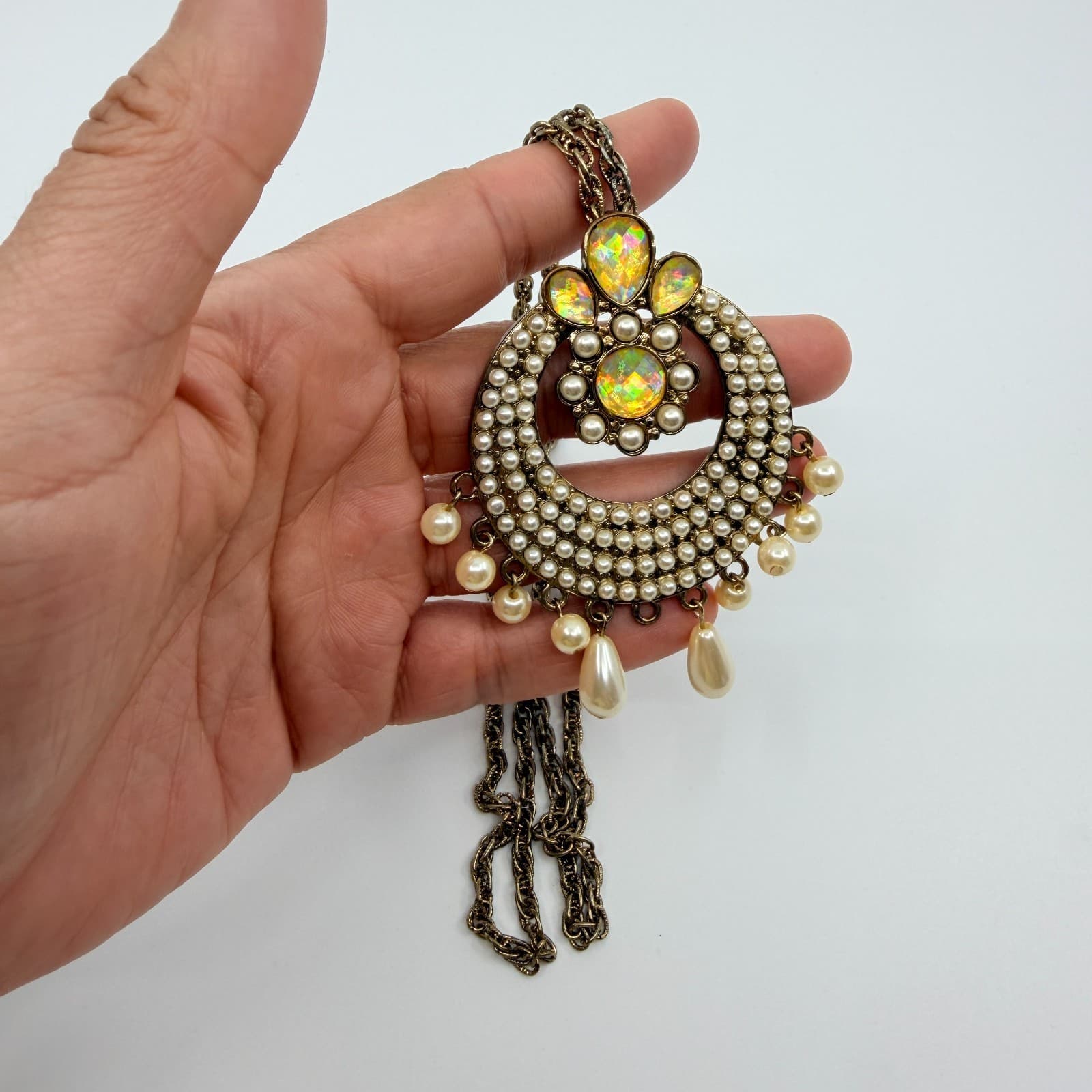 Vintage Antique Brass Tone Chandelier Necklace Faux Pearl Opal Color Statement - Thumbnail 7