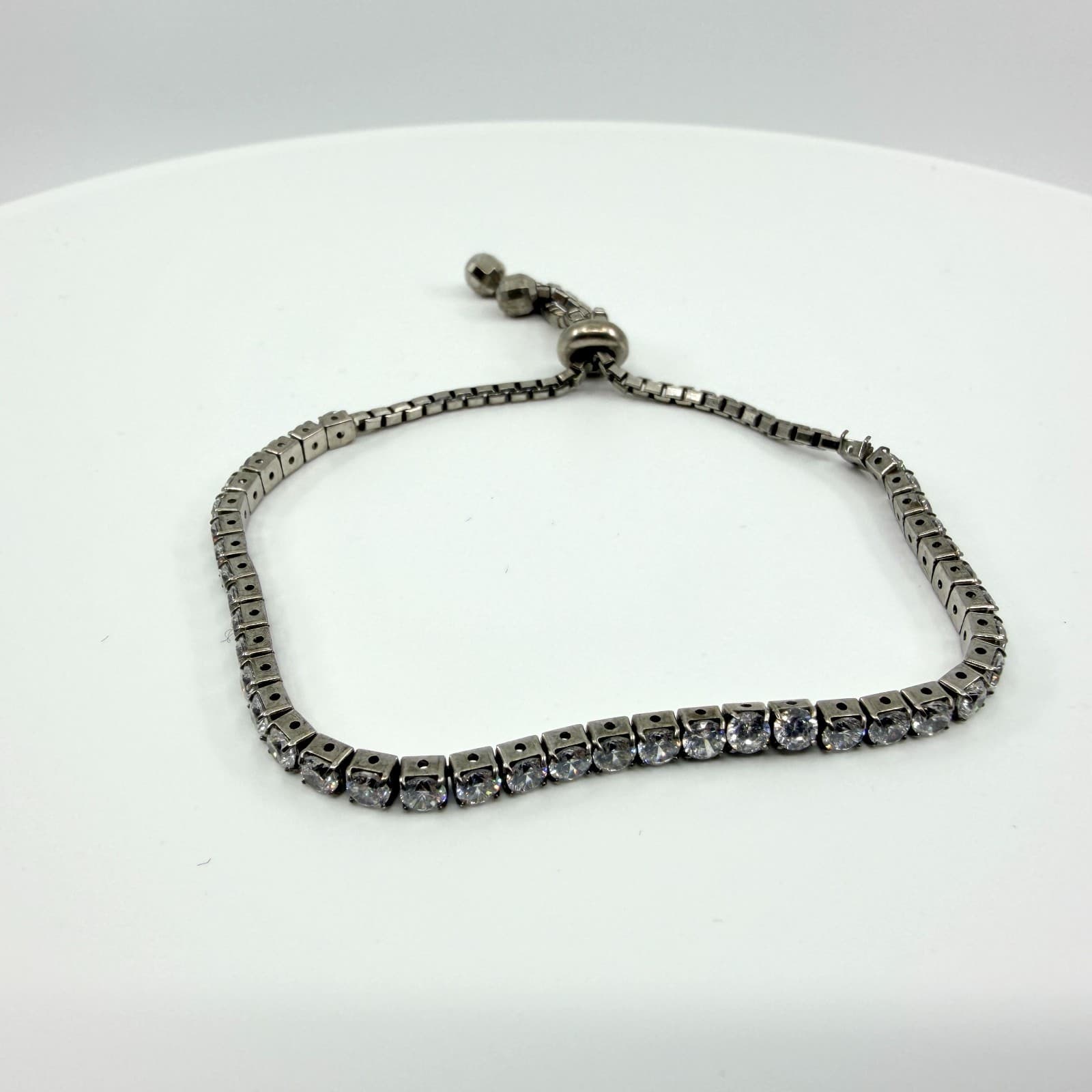 VTG Gunmetal Tone Tennis Bracelet Clear Rhinestone Slider Bolo Adjustable Y2K