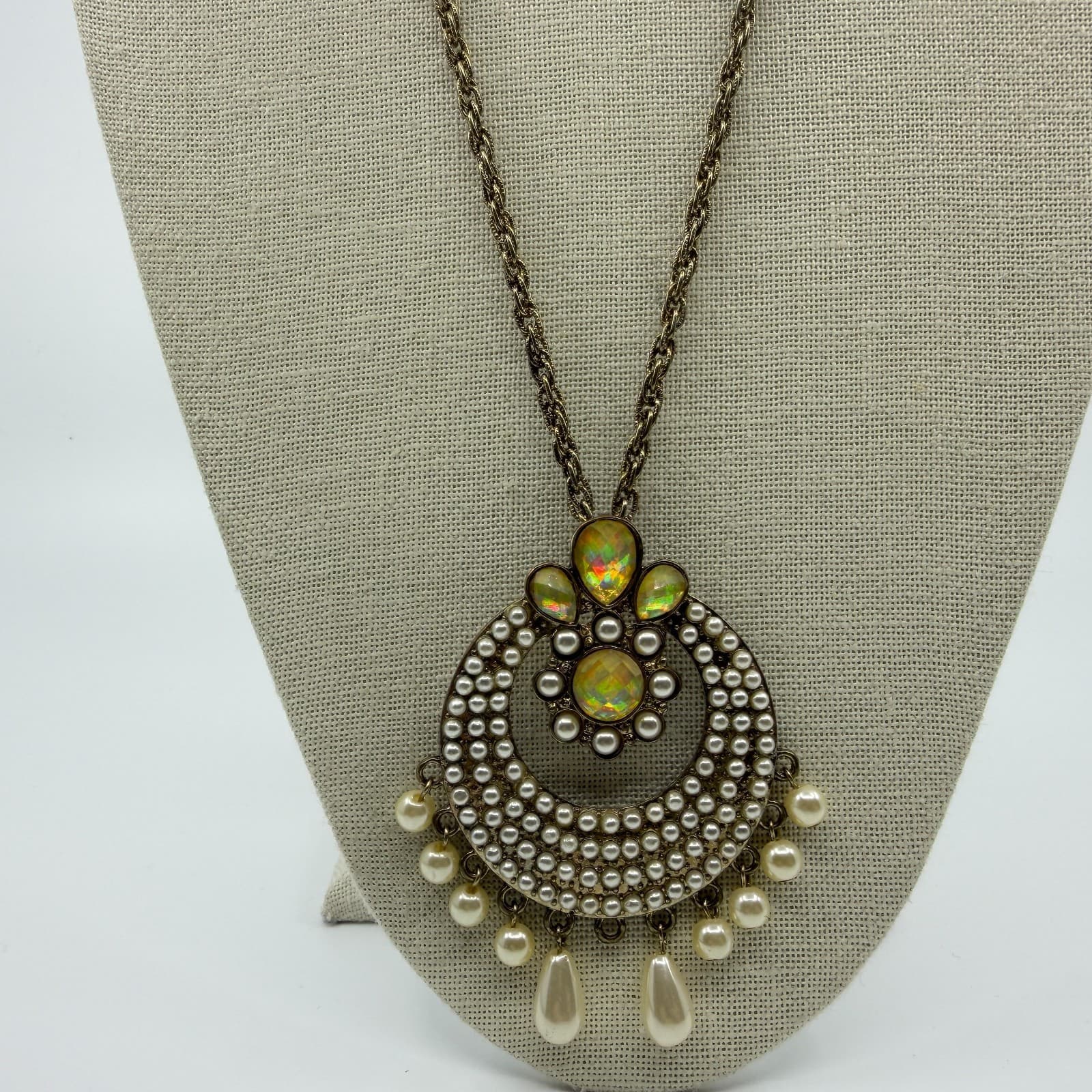 Vintage Antique Brass Tone Chandelier Necklace Faux Pearl Opal Color Statement - Thumbnail 2