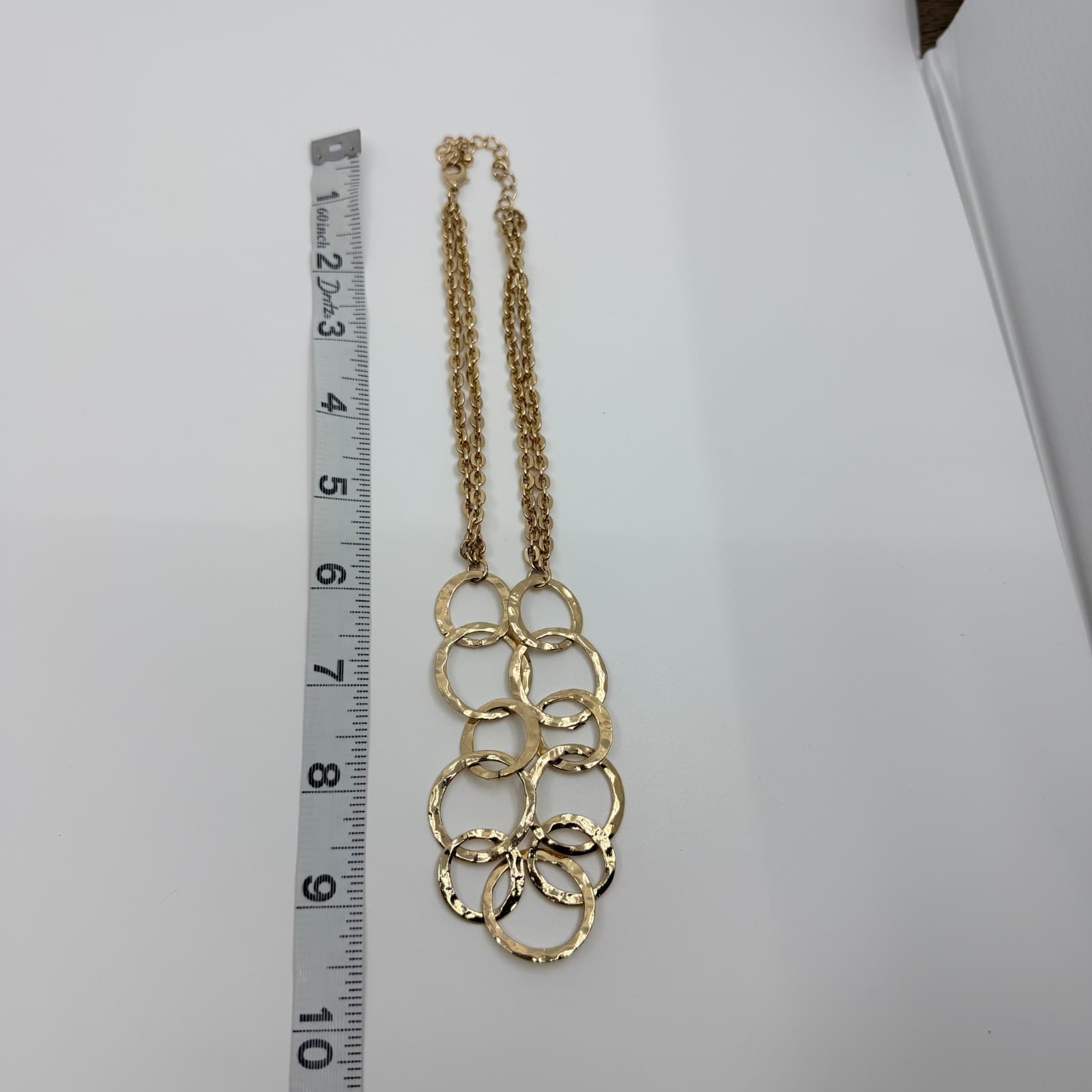 Vintage Gold Tone Link Chain Necklace Hammered Geometric Circle Ring Statement - Thumbnail 10