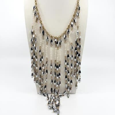 Vintage Silver Tone Cascading Bib Necklace Faceted Bicone Beads Statement Fringe