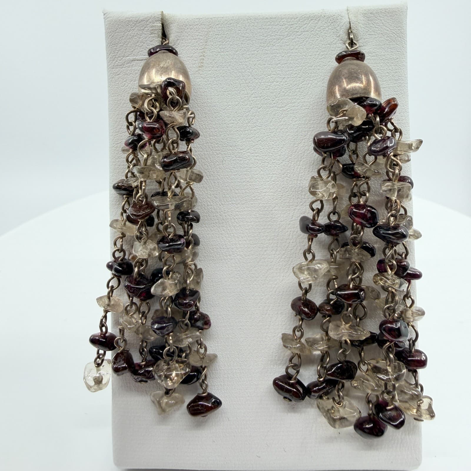 Vintage Silver Tone Chandelier Tassel Earrings Garnet Color Smoky Chip Dangle - Thumbnail 3