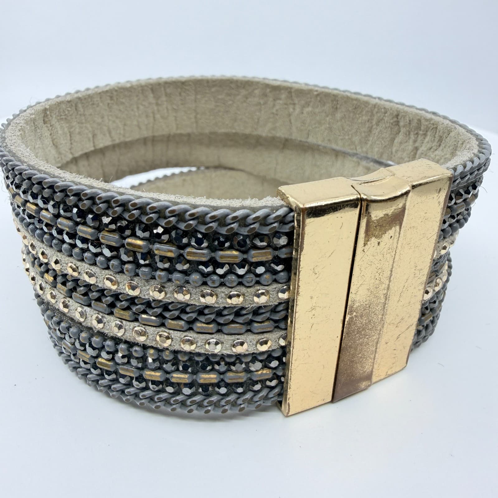 VTG Multi Strand Leather Cuff Bracelet Rhinestone Magnetic Clasp Gray Gold Tone - Thumbnail 2