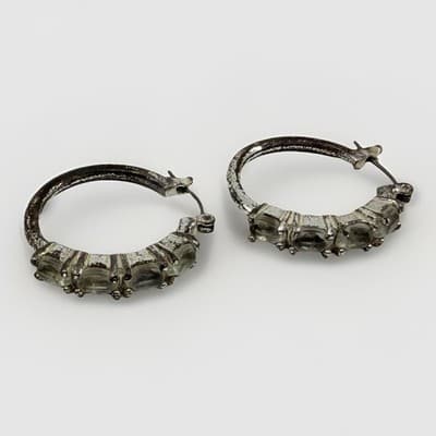 Vintage Silver Tone Hoop Earrings Clear Stone Accent Prong Set Hinged Huggie Y2K