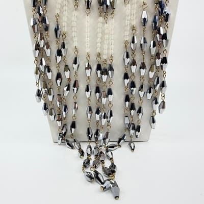 Vintage Silver Tone Cascading Bib Necklace Faceted Bicone Beads Statement Fringe - Thumbnail 2