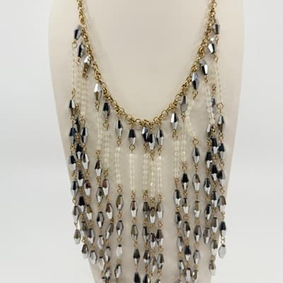 Vintage Silver Tone Cascading Bib Necklace Faceted Bicone Beads Statement Fringe - Thumbnail 4