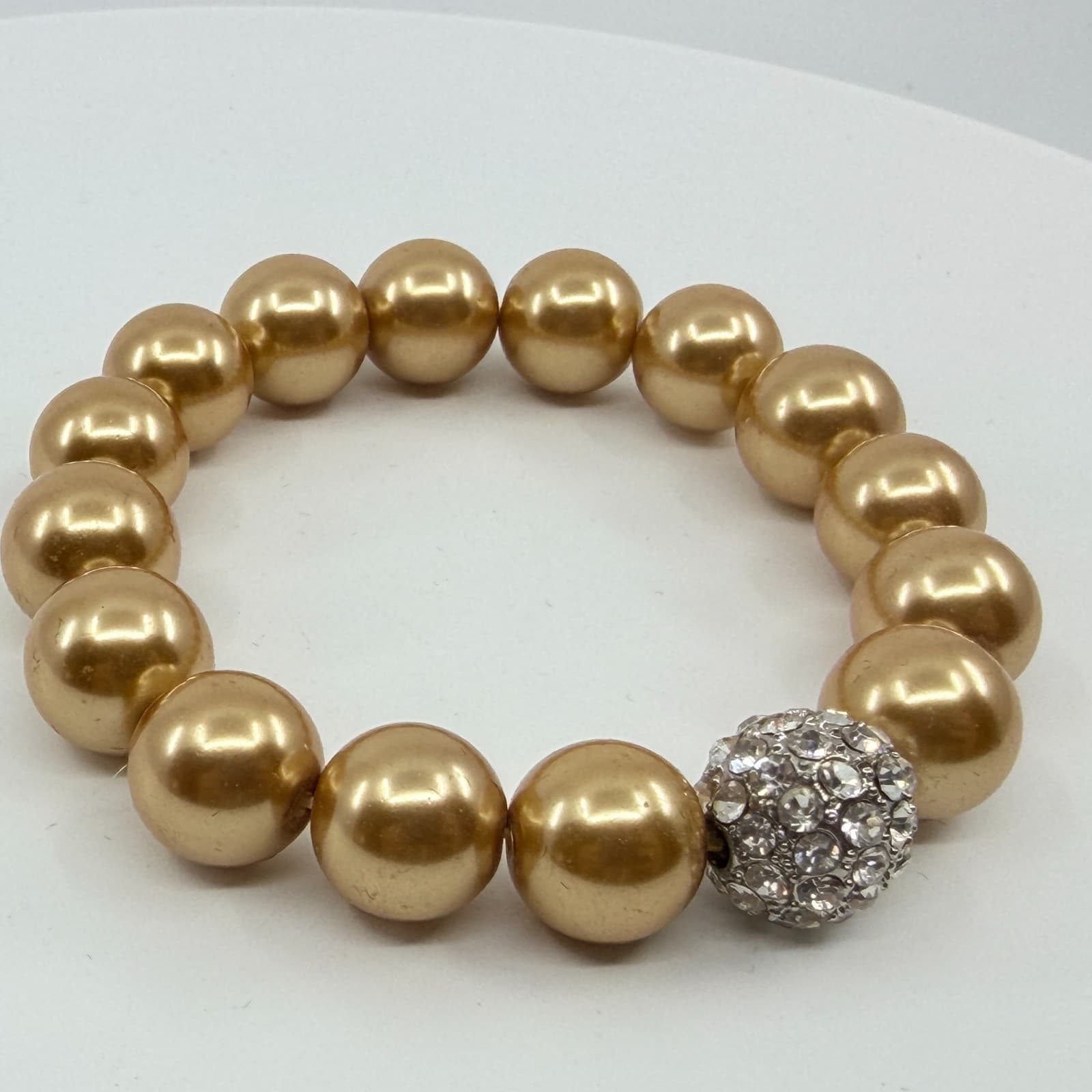 Vintage Gold Tone Faux Pearl Stretch Bracelet Rhinestone Disco Ball Bead Chunky - Thumbnail 6