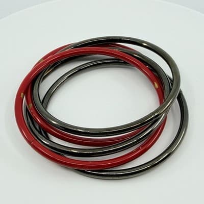 Vintage Gunmetal Red Enamel Bangle Bracelet Set Interlocking Stackable Retro 90S - Thumbnail 5