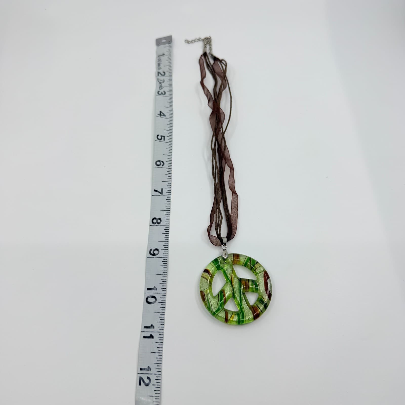Vintage Green Art Glass Peace Sign Necklace Dichroic Pendant Ribbon Cord Boho - Thumbnail 7