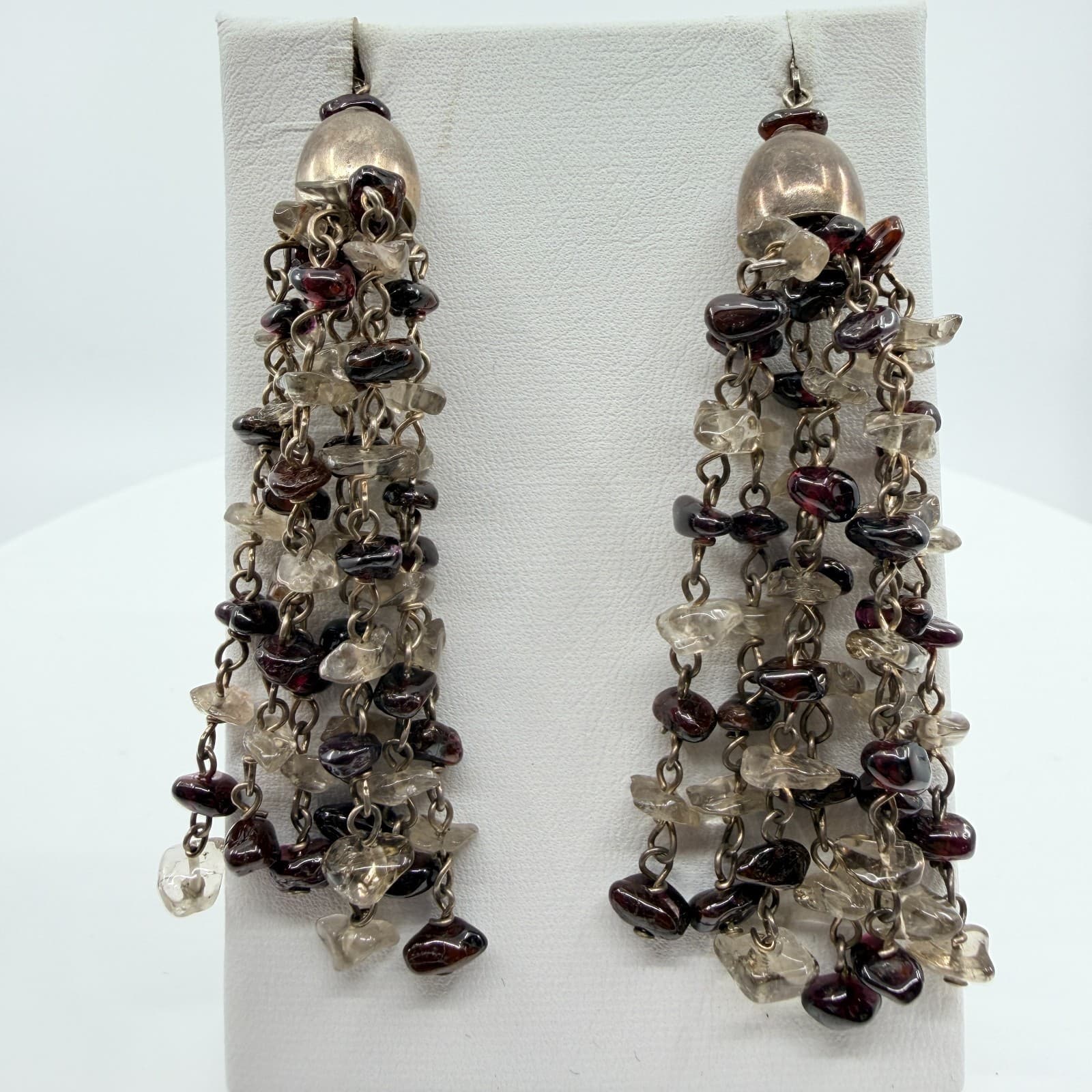 Vintage Silver Tone Chandelier Tassel Earrings Garnet Color Smoky Chip Dangle - Thumbnail 5