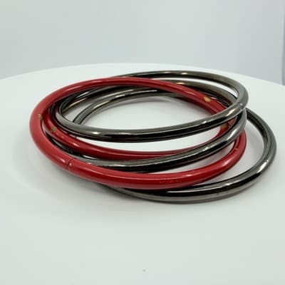 Vintage Gunmetal Red Enamel Bangle Bracelet Set Interlocking Stackable Retro 90S - Thumbnail 2