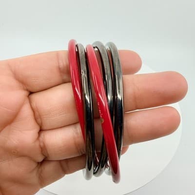 Vintage Gunmetal Red Enamel Bangle Bracelet Set Interlocking Stackable Retro 90S - Thumbnail 6
