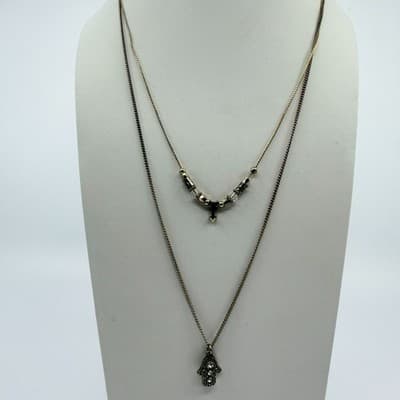 Vintage Gold Tone Layered Chain Necklace Hamsa Hand Arrow Pendant Rhinestone Y2K - Thumbnail 5