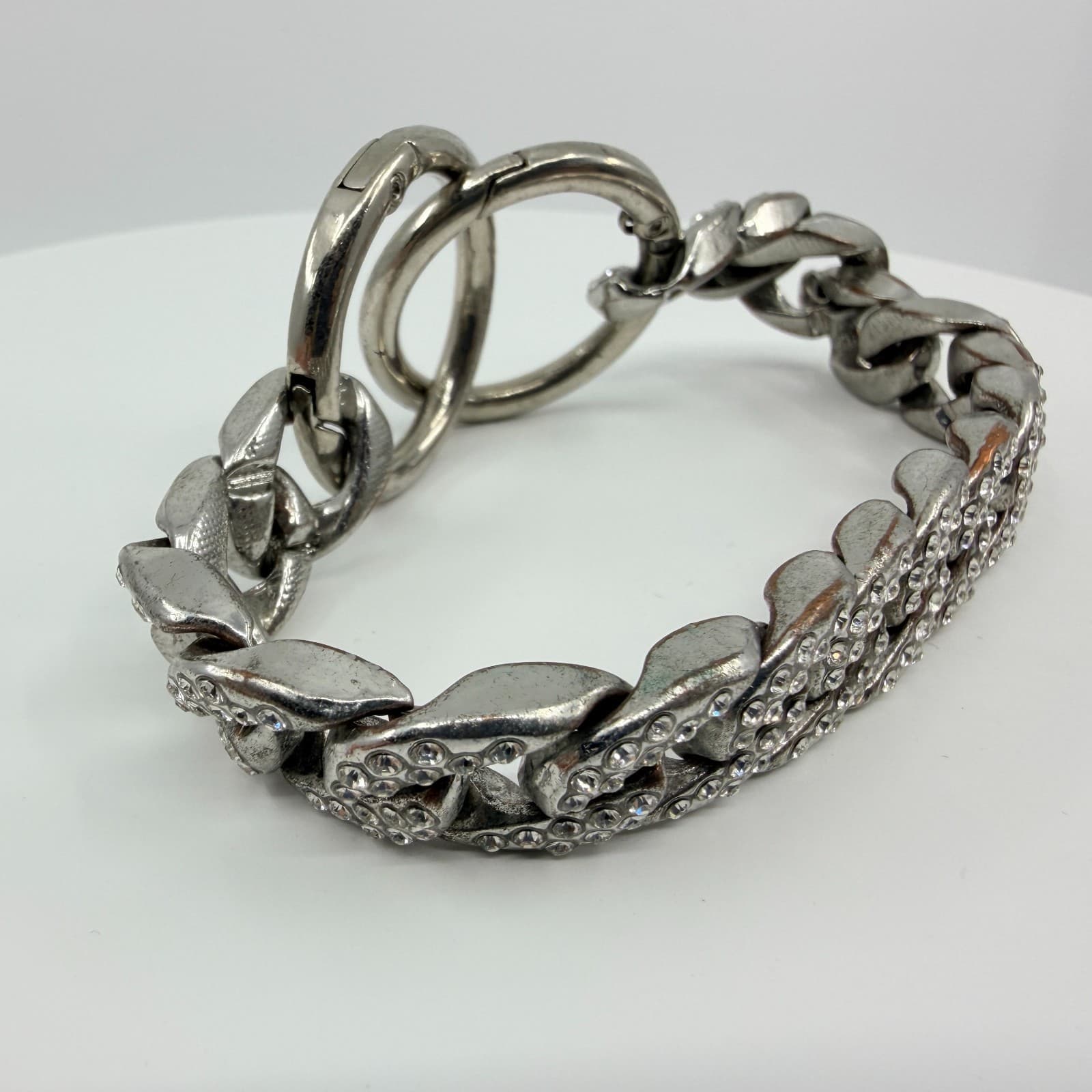 Vintage Silver Tone Chunky Curb Chain Bracelet Clear Rhinestone Pavé Link Y2K - Thumbnail 5