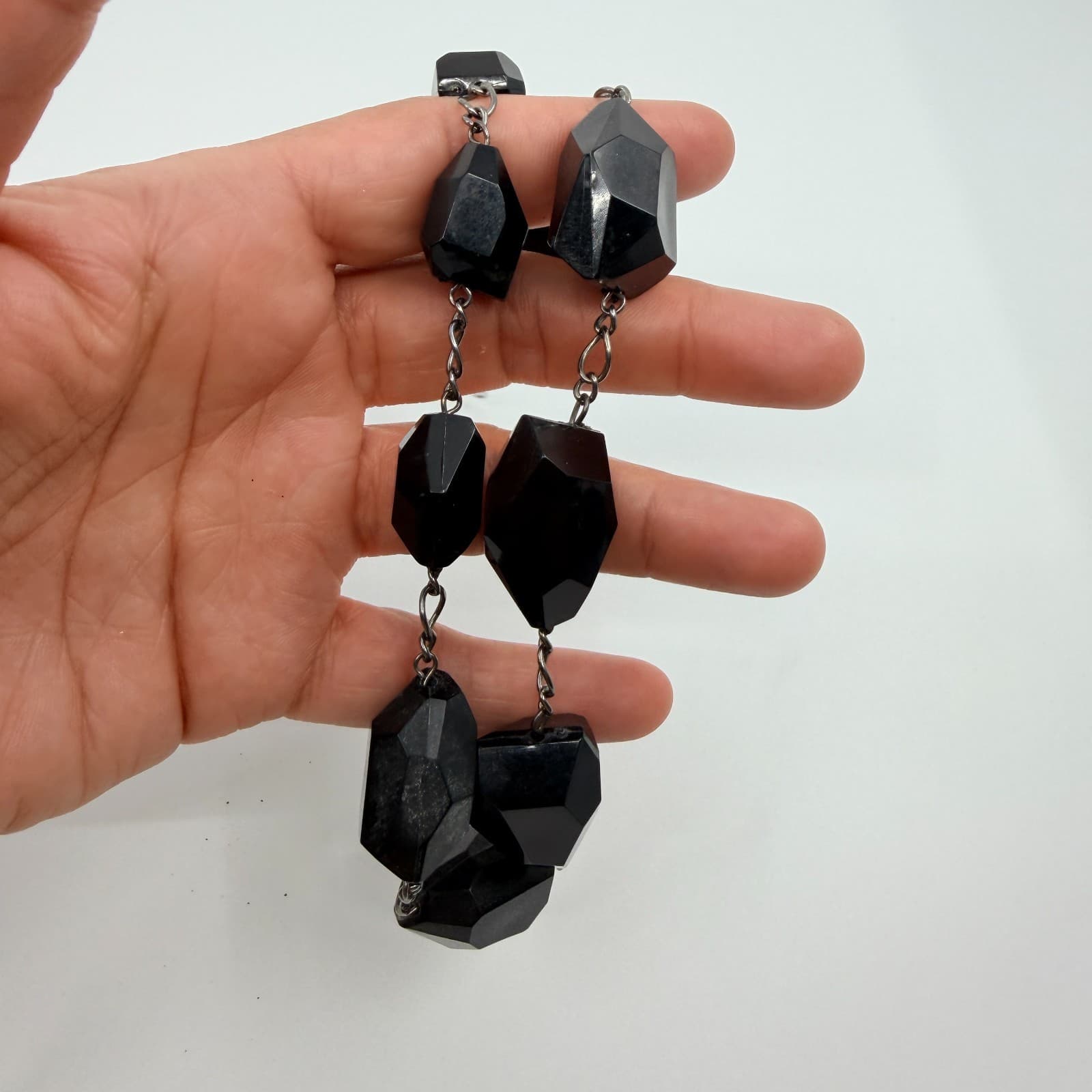 VTG Gunmetal Tone Black Onyx Color Necklace Faceted Chunky Nugget Bead Statement - Thumbnail 5